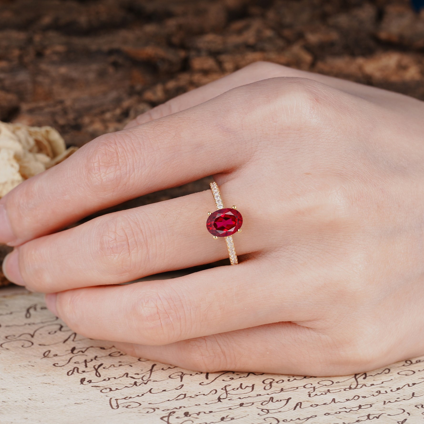 Luxurious and Unique 4-Prong Oval-Cut Ruby Engagement Ring with Pavé Accents - Additional view
