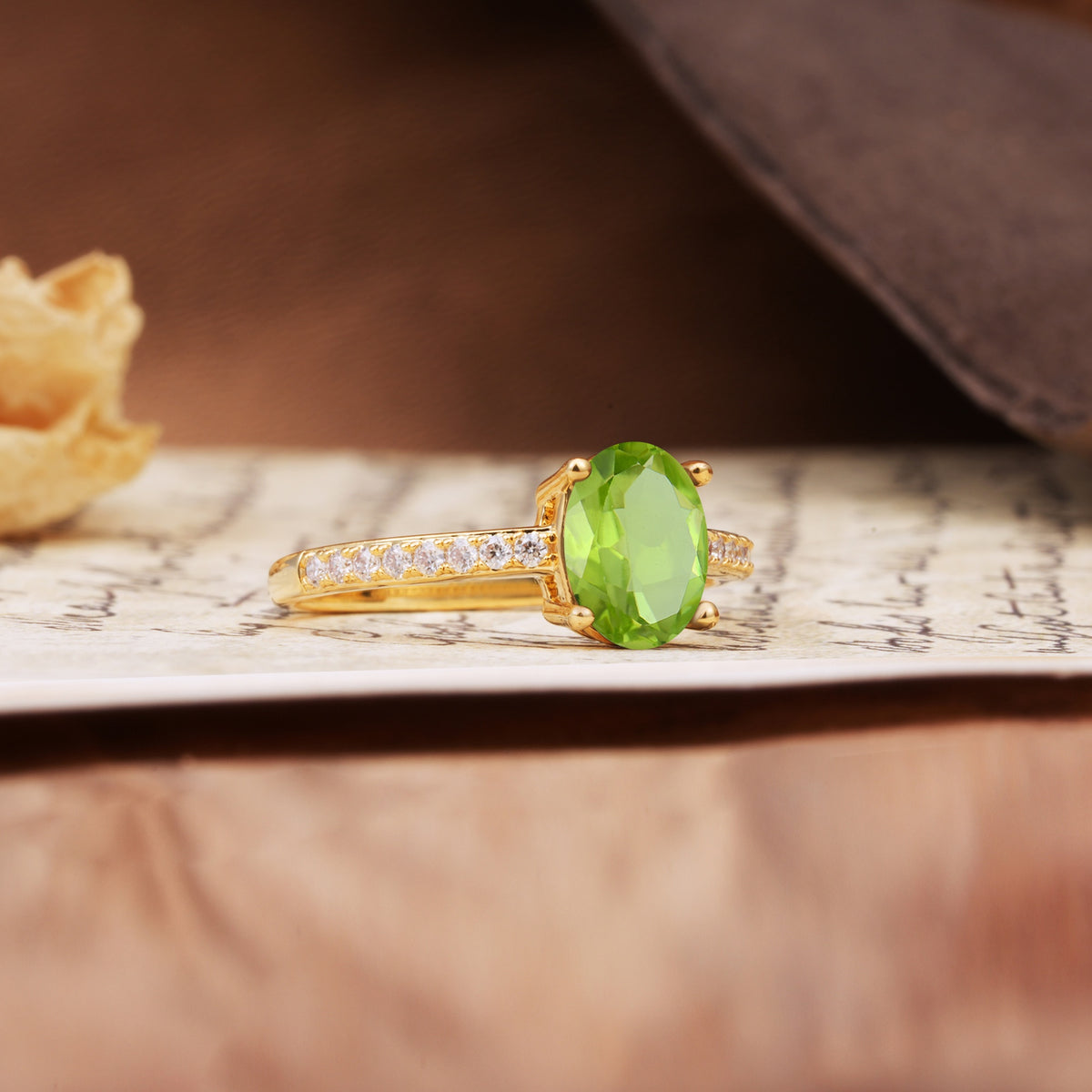 Luxurious and Unique 4-Prong Oval-Cut Peridot Engagement Ring with Pavé Accents - Additional view