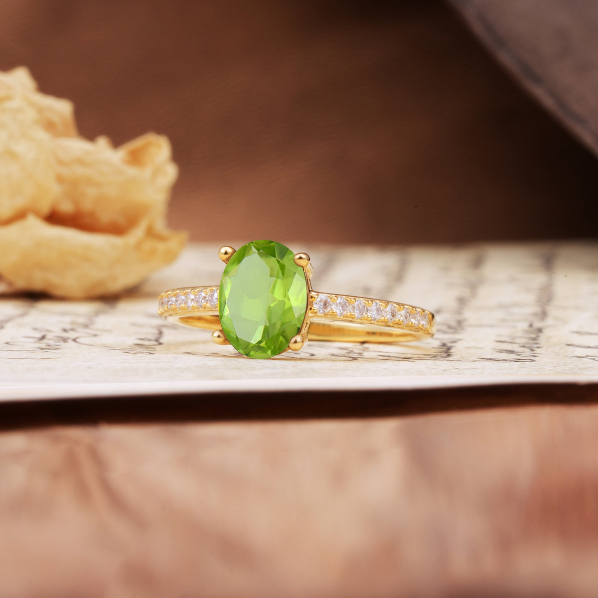 Luxurious and Unique 4-Prong Oval-Cut Peridot Engagement Ring with Pavé Accents - Additional view