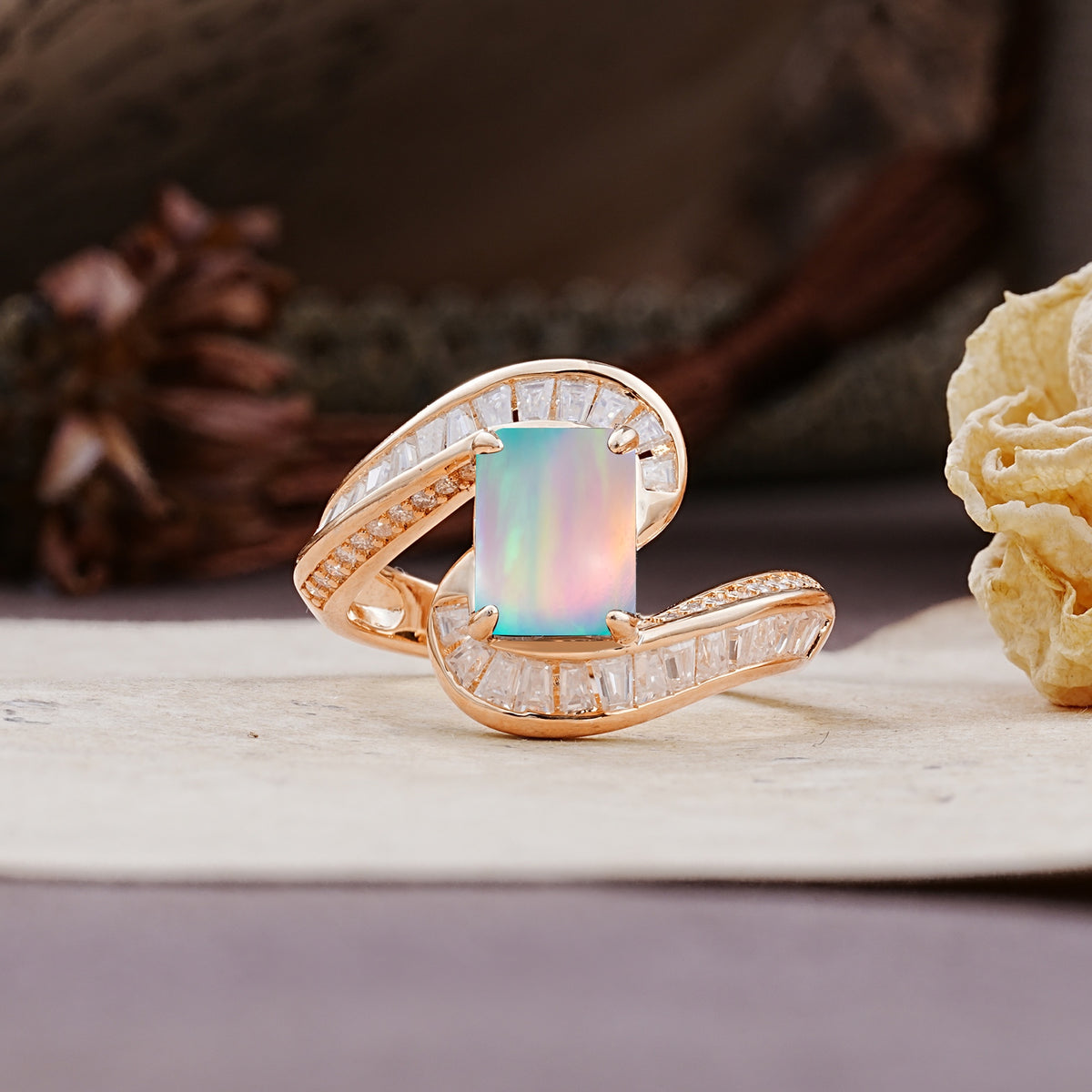 Unique Luxurious Twisted 4-Prong Emerald Cut Fire Opal Engagement Ring - Additional view