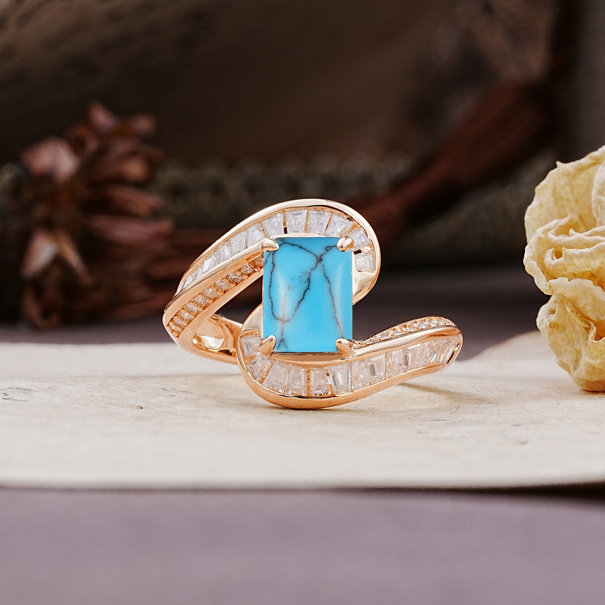 Unique Luxurious Twisted 4-Prong Emerald Cut Turquoise Engagement Ring - Additional view