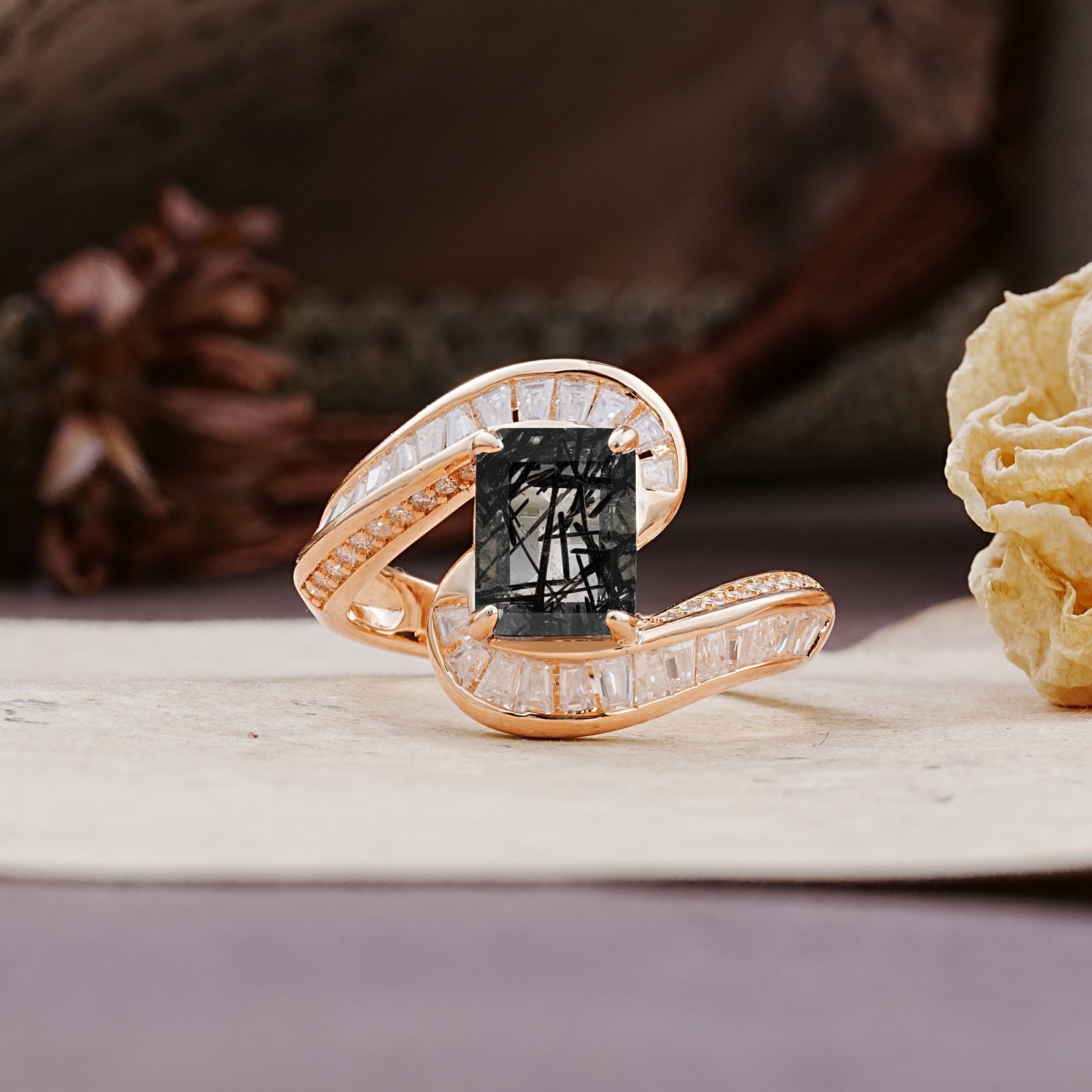 Unique Luxurious Twisted 4-Prong Emerald Cut Black Rutilated Quartz Engagement Ring - Additional view