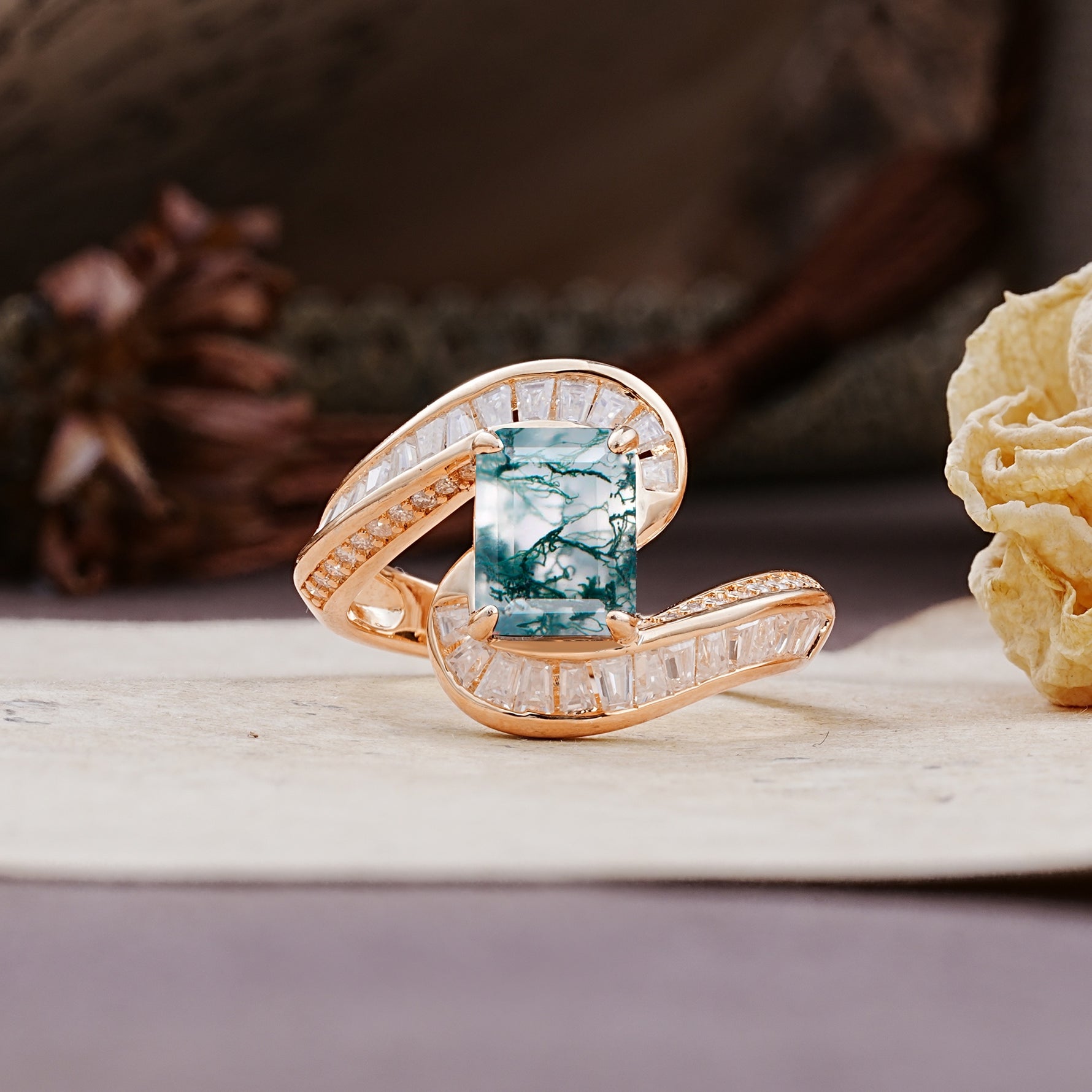 Unique Luxurious Twisted 4-Prong Emerald Cut Moss Agate Engagement Ring - Additional view