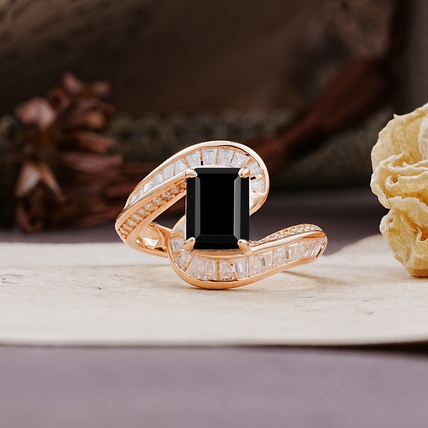 Unique Luxurious Twisted 4-Prong Emerald Cut Black Onyx Engagement Ring - Additional view