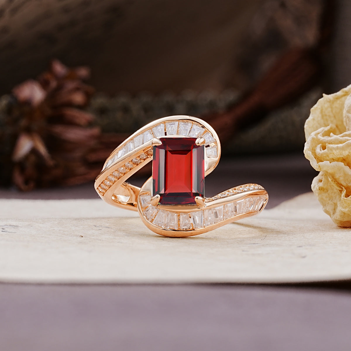Unique Luxurious Twisted 4-Prong Emerald Cut Garnet Engagement Ring - Additional view