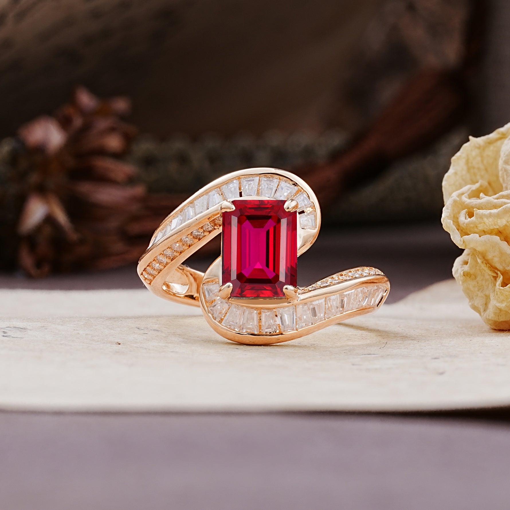 Unique Luxurious Twisted 4-Prong Emerald Cut Ruby Engagement Ring - Additional view