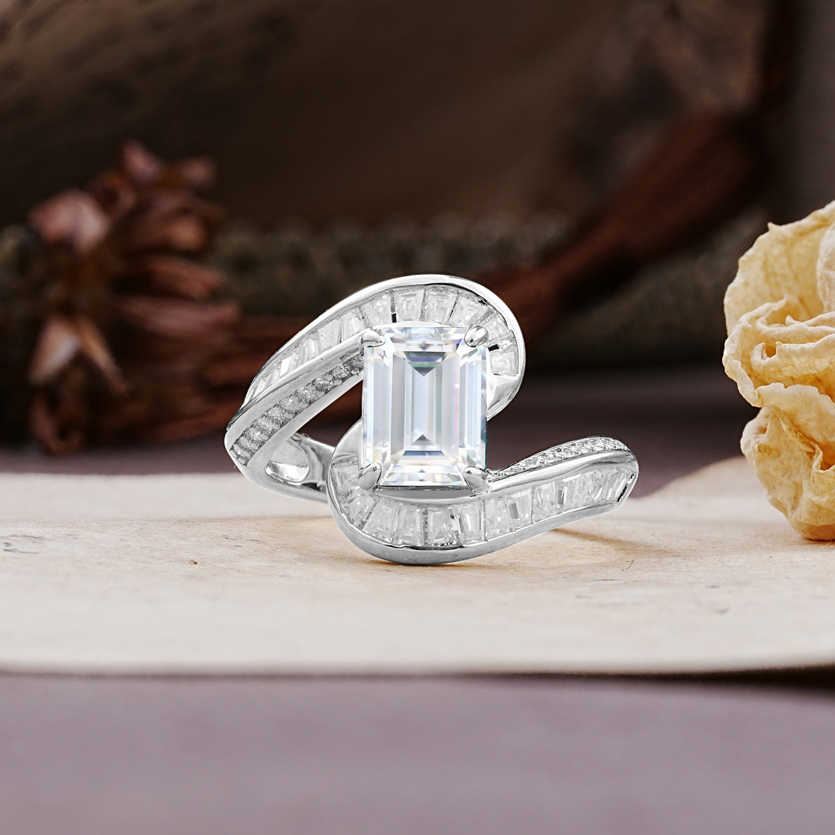 Unique Luxurious Twisted 4-Prong Emerald Cut Moissanite Engagement Ring - Additional view