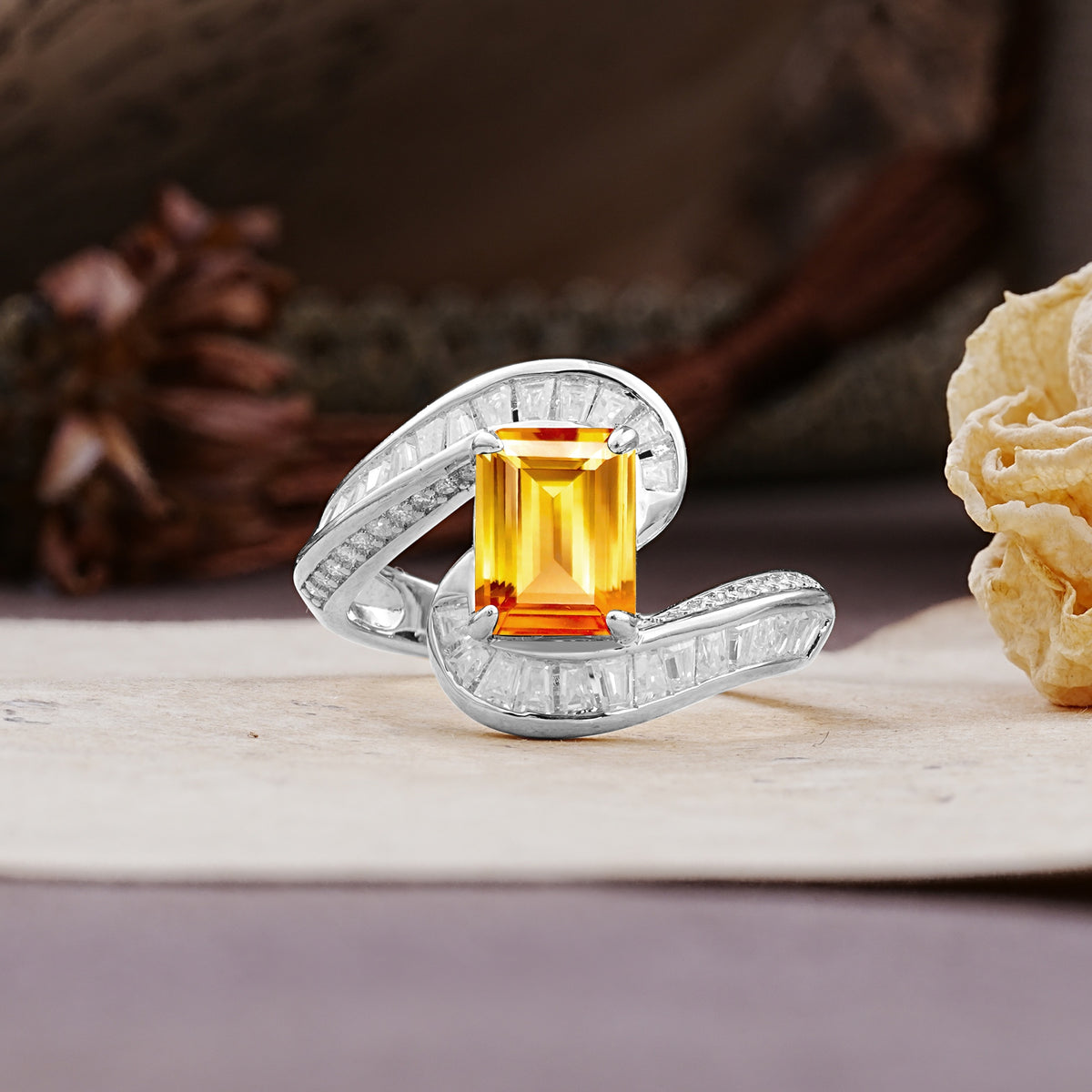 Unique Luxurious Twisted 4-Prong Emerald Cut Citrine Engagement Ring - Additional view