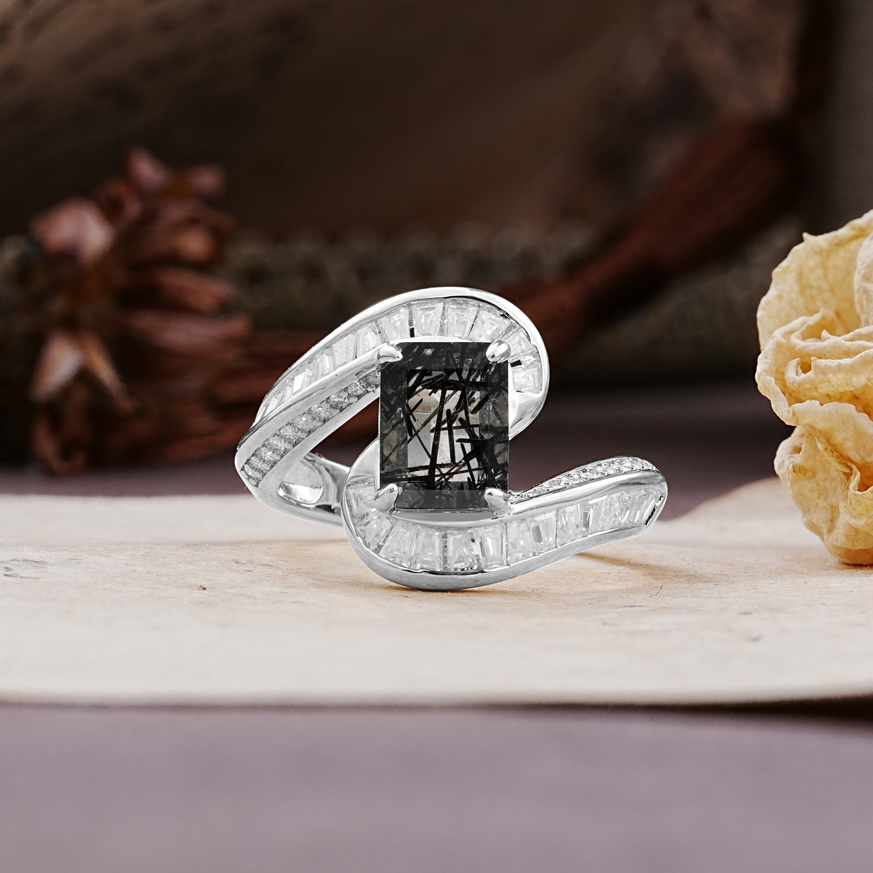 Unique Luxurious Twisted 4-Prong Emerald Cut Black Rutilated Quartz Engagement Ring - Additional view