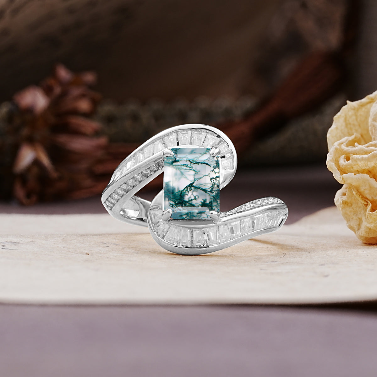 Unique Luxurious Twisted 4-Prong Emerald Cut Moss Agate Engagement Ring - Additional view