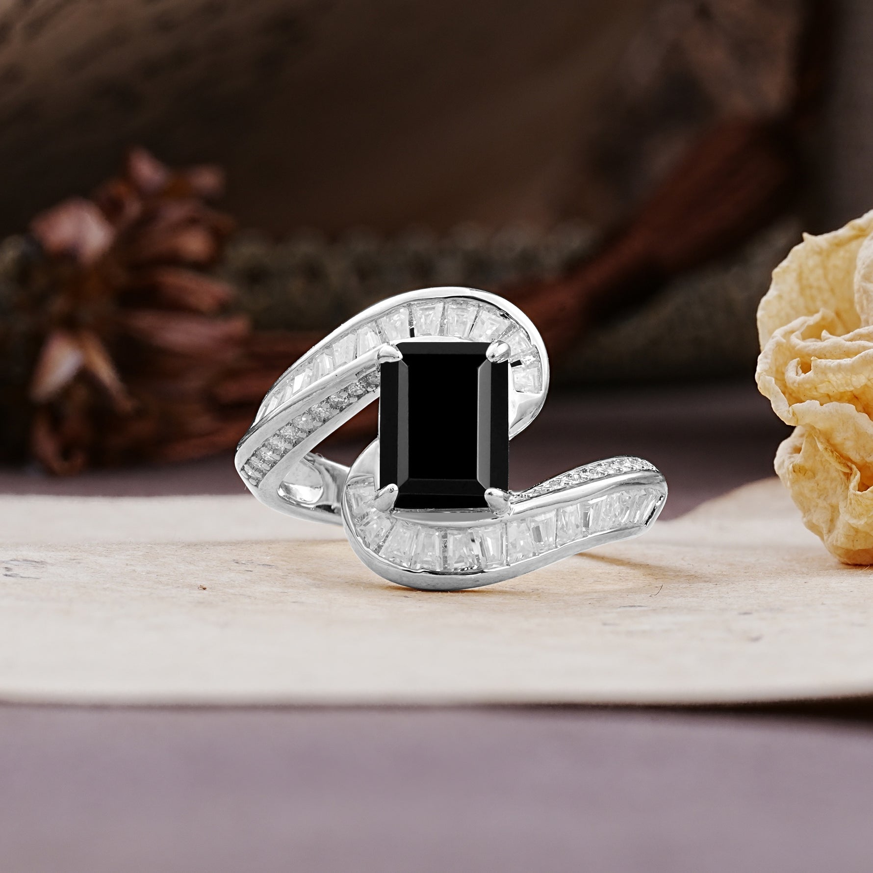 Unique Luxurious Twisted 4-Prong Emerald Cut Black Onyx Engagement Ring - Additional view