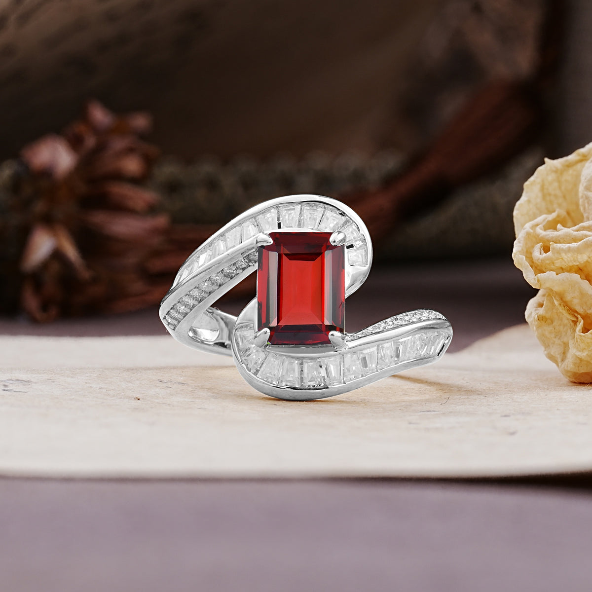 Unique Luxurious Twisted 4-Prong Emerald Cut Garnet Engagement Ring - Additional view