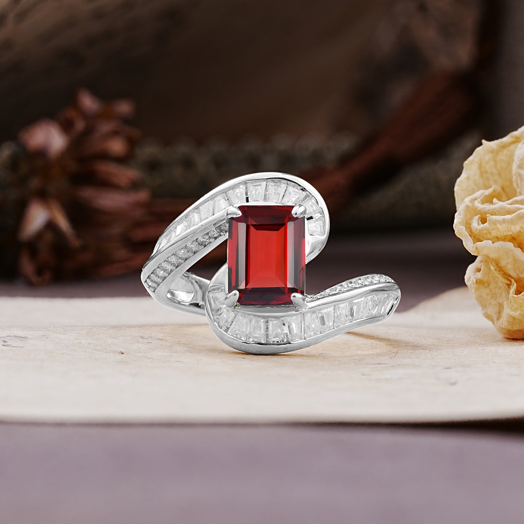 Unique Luxurious Twisted 4-Prong Emerald Cut Garnet Engagement Ring - Additional view