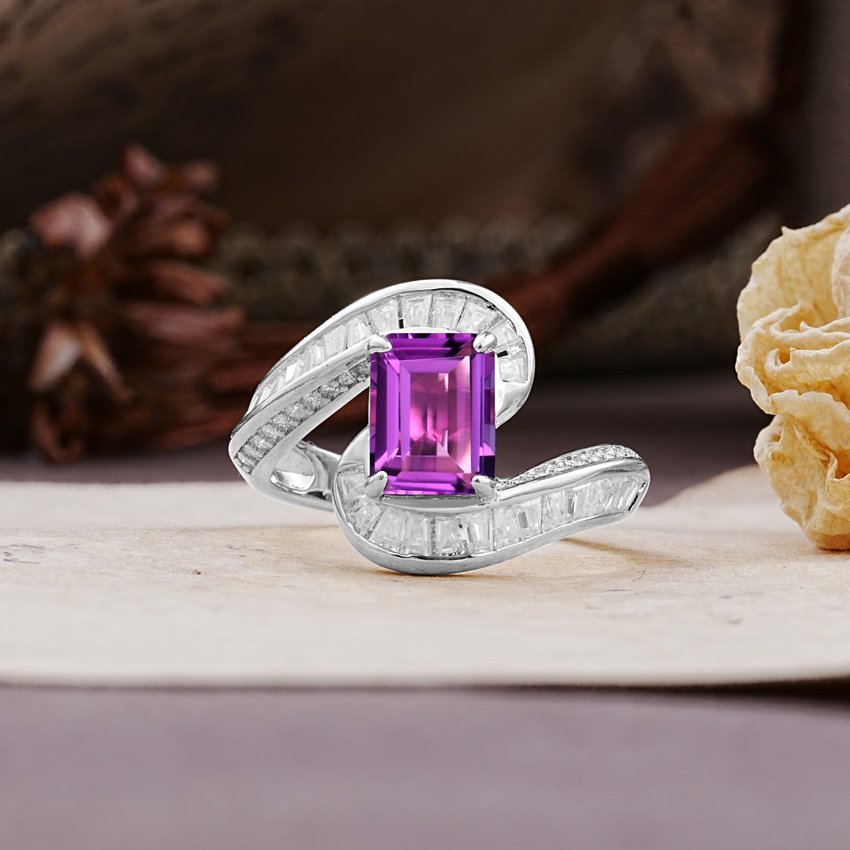 Unique Luxurious Twisted 4-Prong Emerald Cut Amethyst Engagement Ring - Additional view