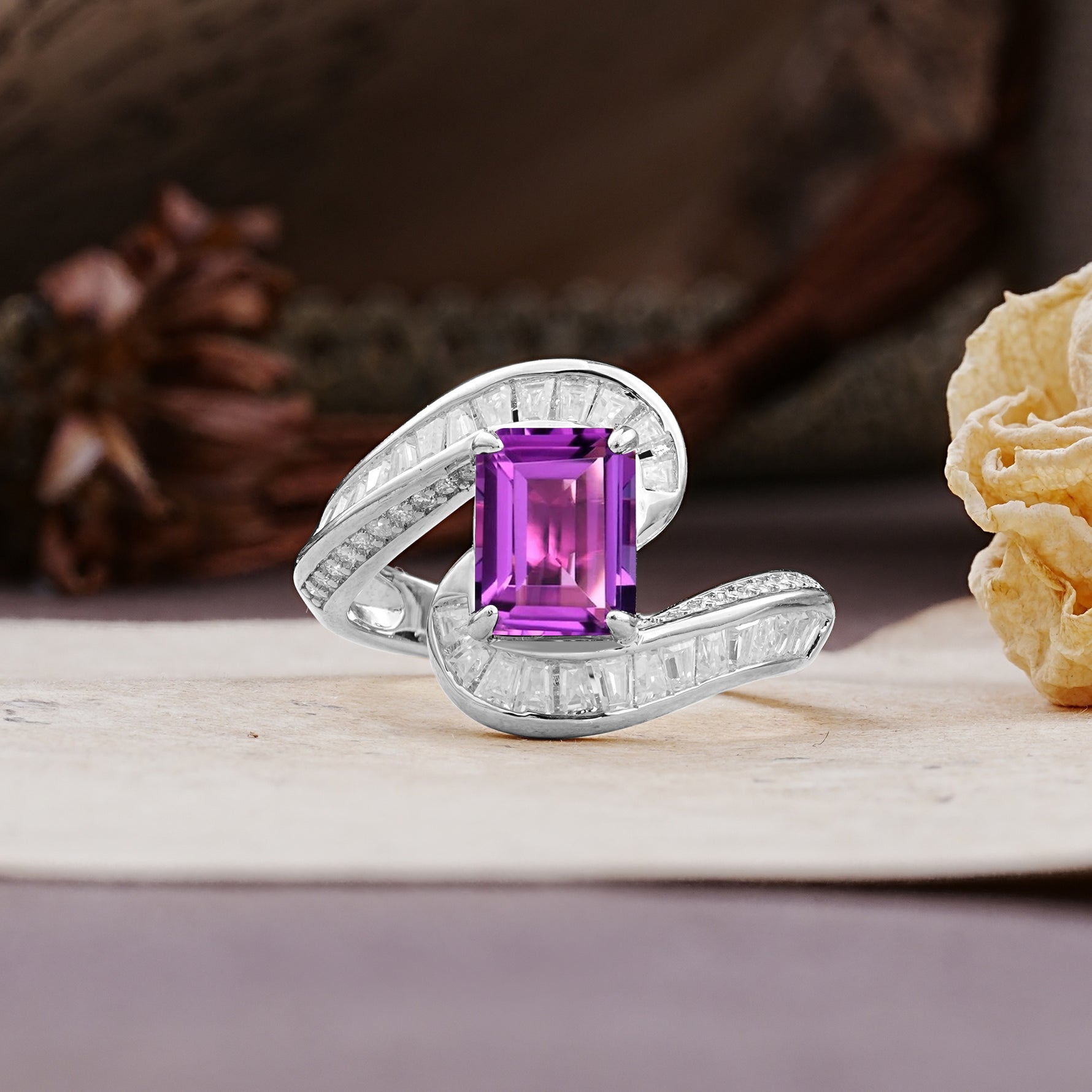 Unique Luxurious Twisted 4-Prong Emerald Cut Amethyst Engagement Ring - Additional view