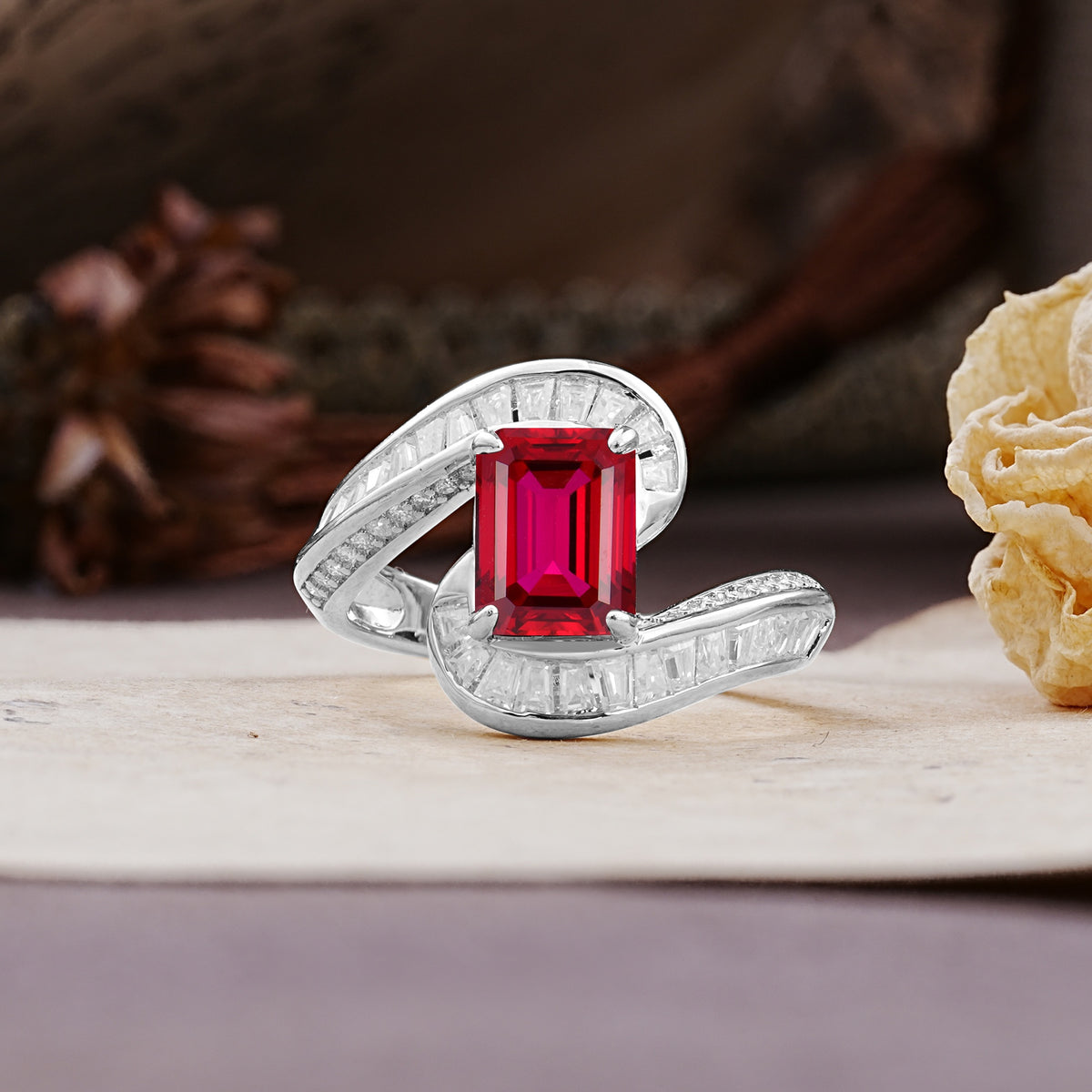 Unique Luxurious Twisted 4-Prong Emerald Cut Ruby Engagement Ring - Additional view