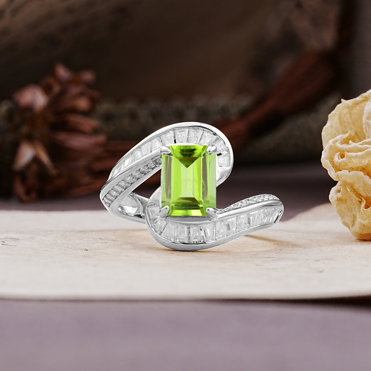 Unique Luxurious Twisted 4-Prong Emerald Cut Peridot Engagement Ring - Additional view
