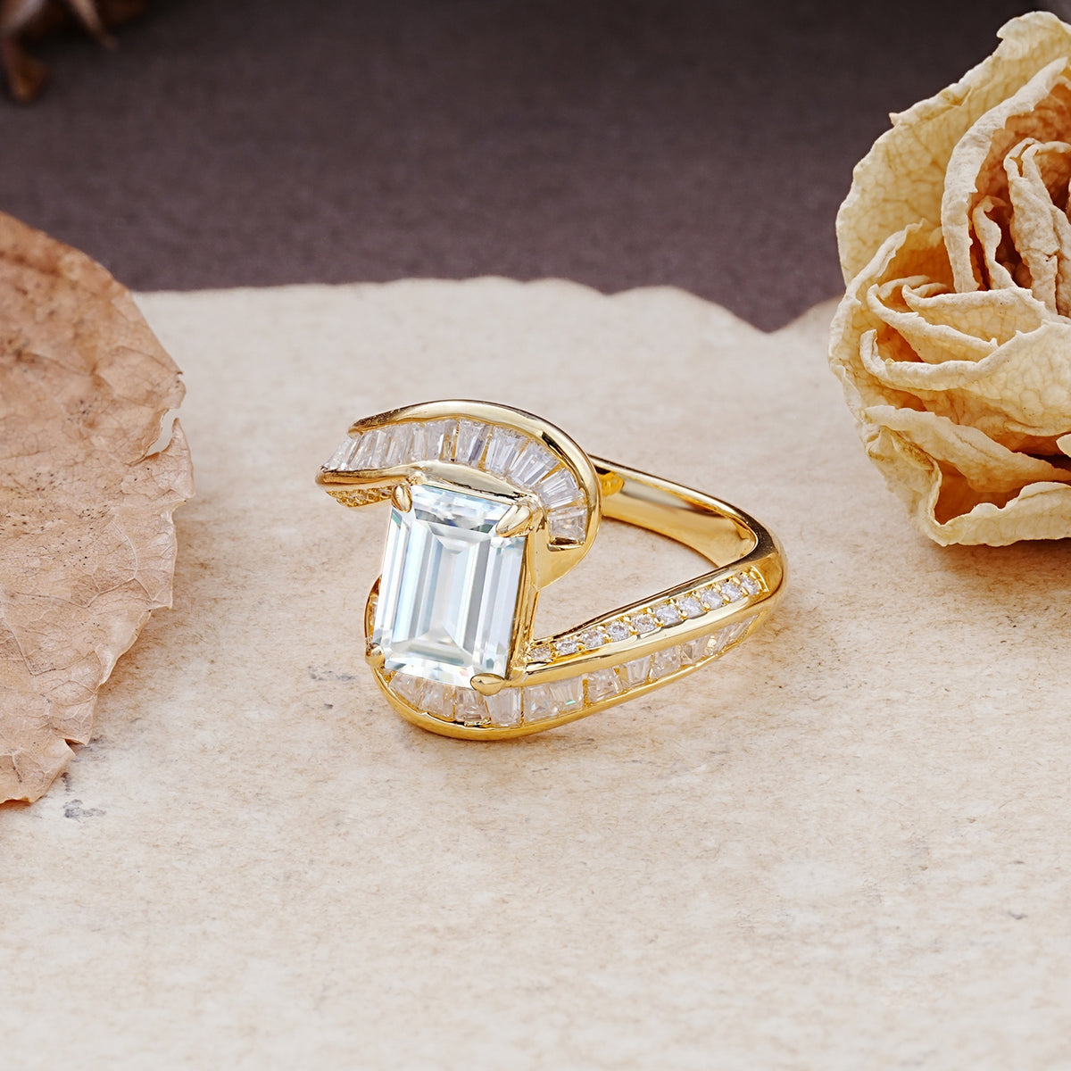 Unique Luxurious Twisted 4-Prong Emerald Cut Moissanite Engagement Ring - Additional view
