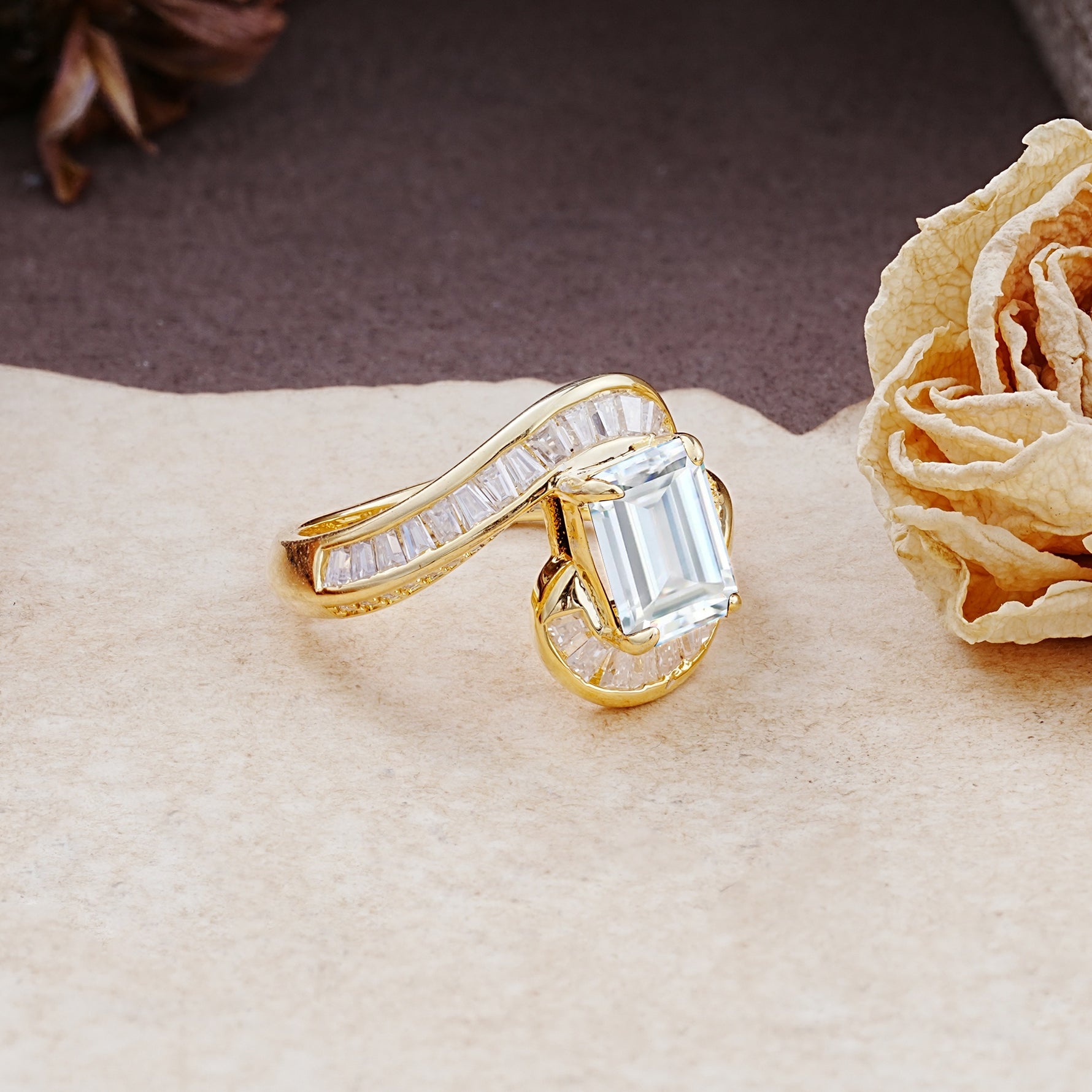 Unique Luxurious Twisted 4-Prong Emerald Cut Moissanite Engagement Ring - Additional view