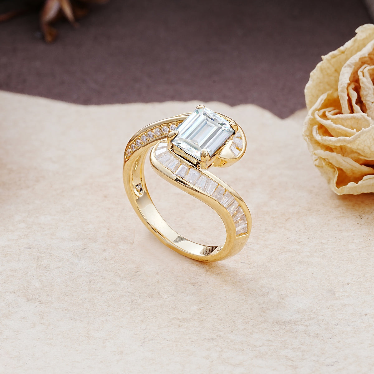 Unique Luxurious Twisted 4-Prong Emerald Cut Moissanite Engagement Ring - Additional view