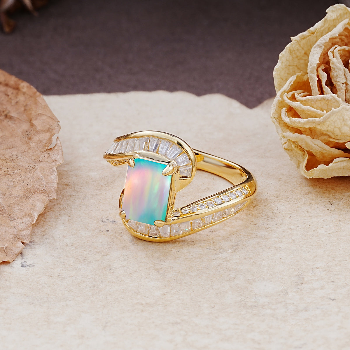 Unique Luxurious Twisted 4-Prong Emerald Cut Fire Opal Engagement Ring - Additional view