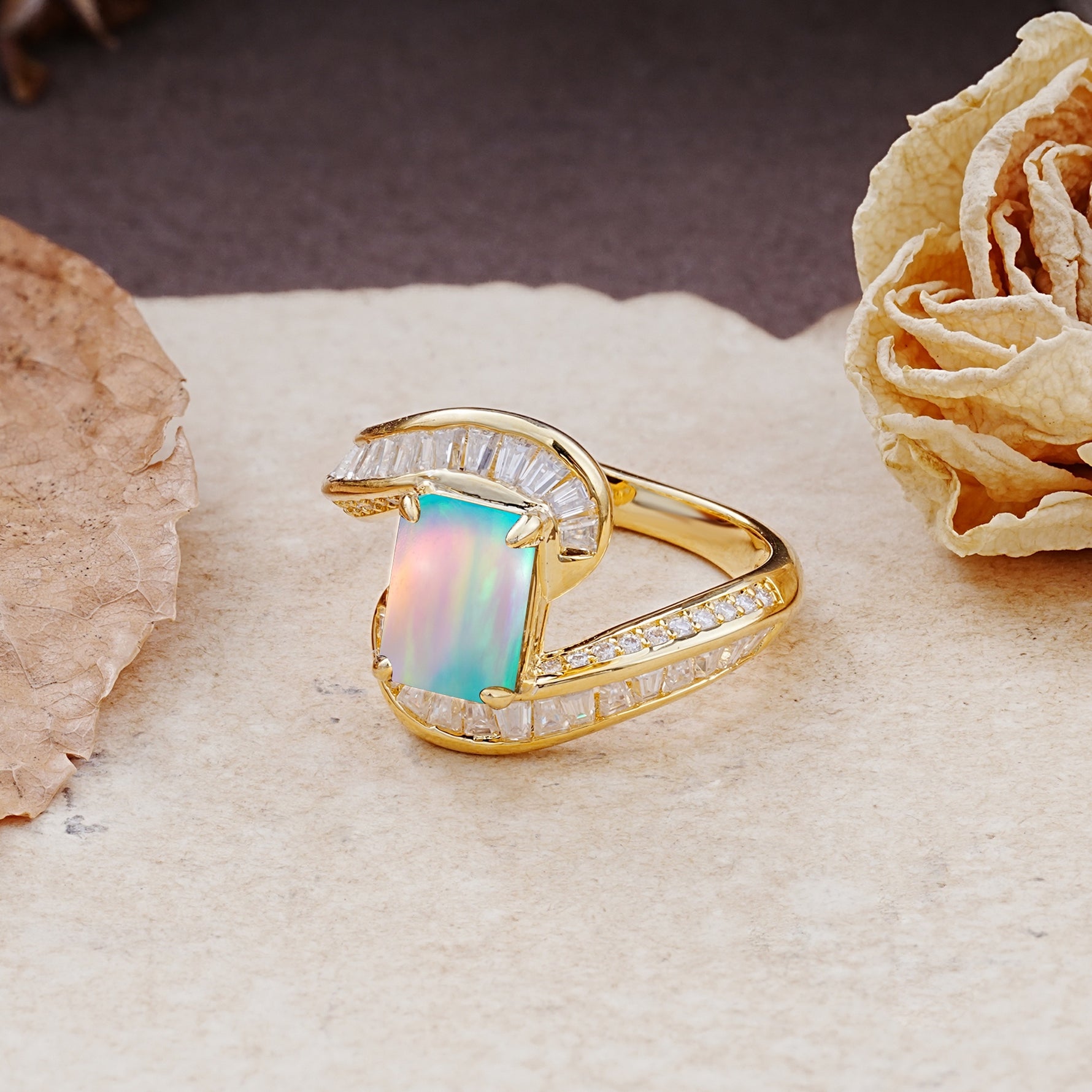 Unique Luxurious Twisted 4-Prong Emerald Cut Fire Opal Engagement Ring - Additional view