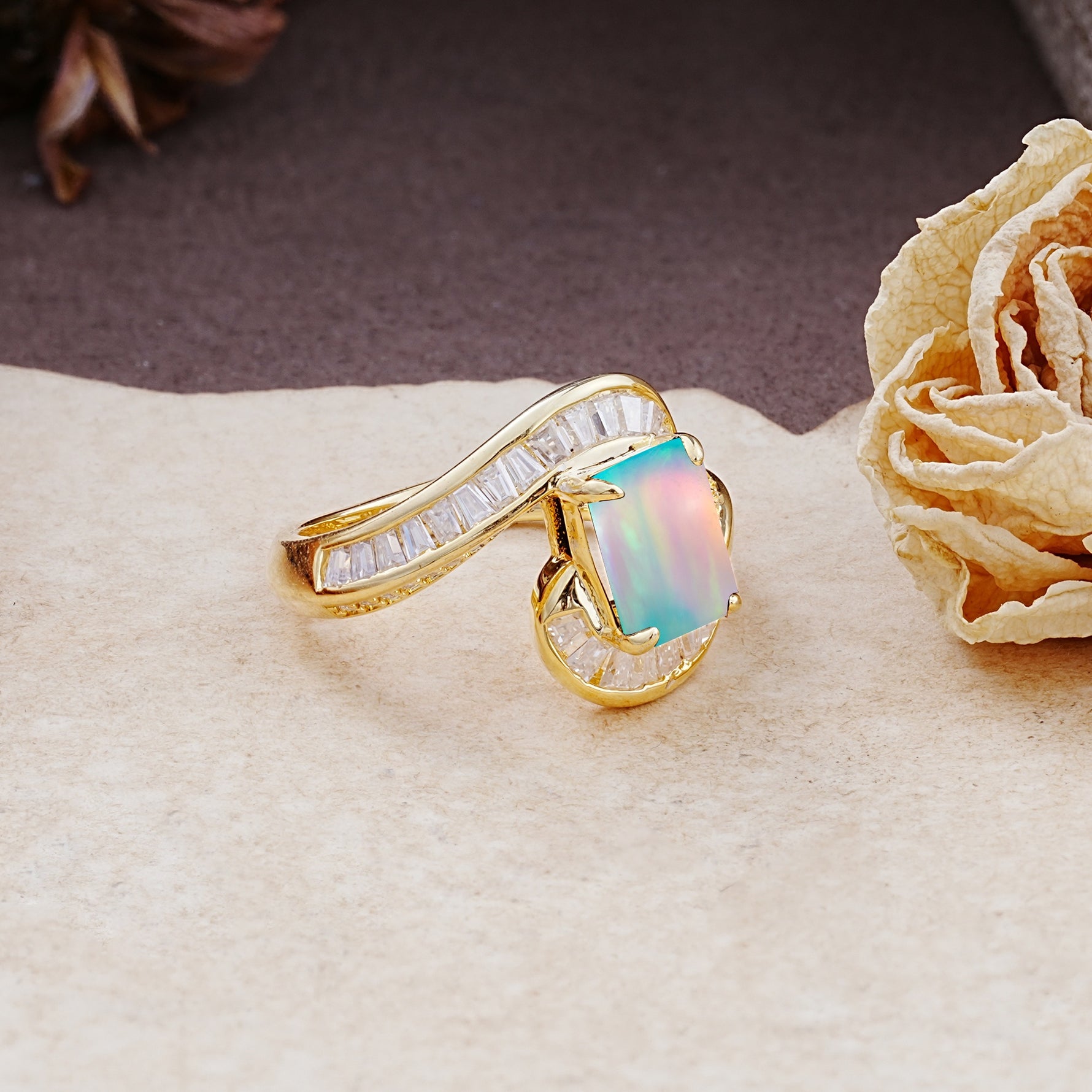 Unique Luxurious Twisted 4-Prong Emerald Cut Fire Opal Engagement Ring - Additional view