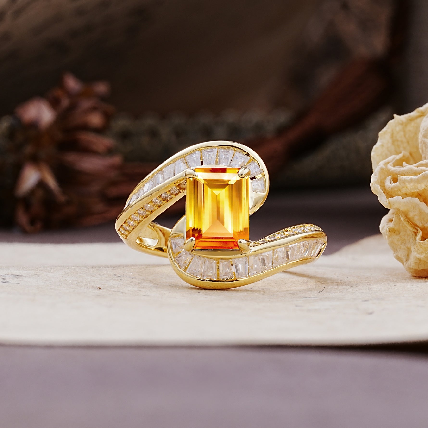 Unique Luxurious Twisted 4-Prong Emerald Cut Citrine Engagement Ring - Additional view