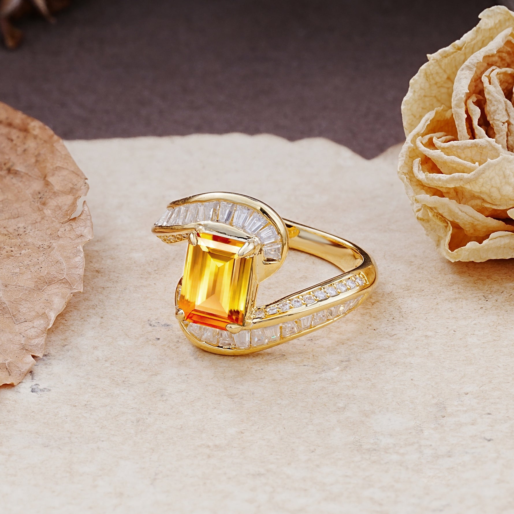 Unique Luxurious Twisted 4-Prong Emerald Cut Citrine Engagement Ring - Additional view
