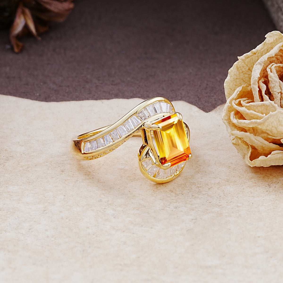 Unique Luxurious Twisted 4-Prong Emerald Cut Citrine Engagement Ring - Additional view