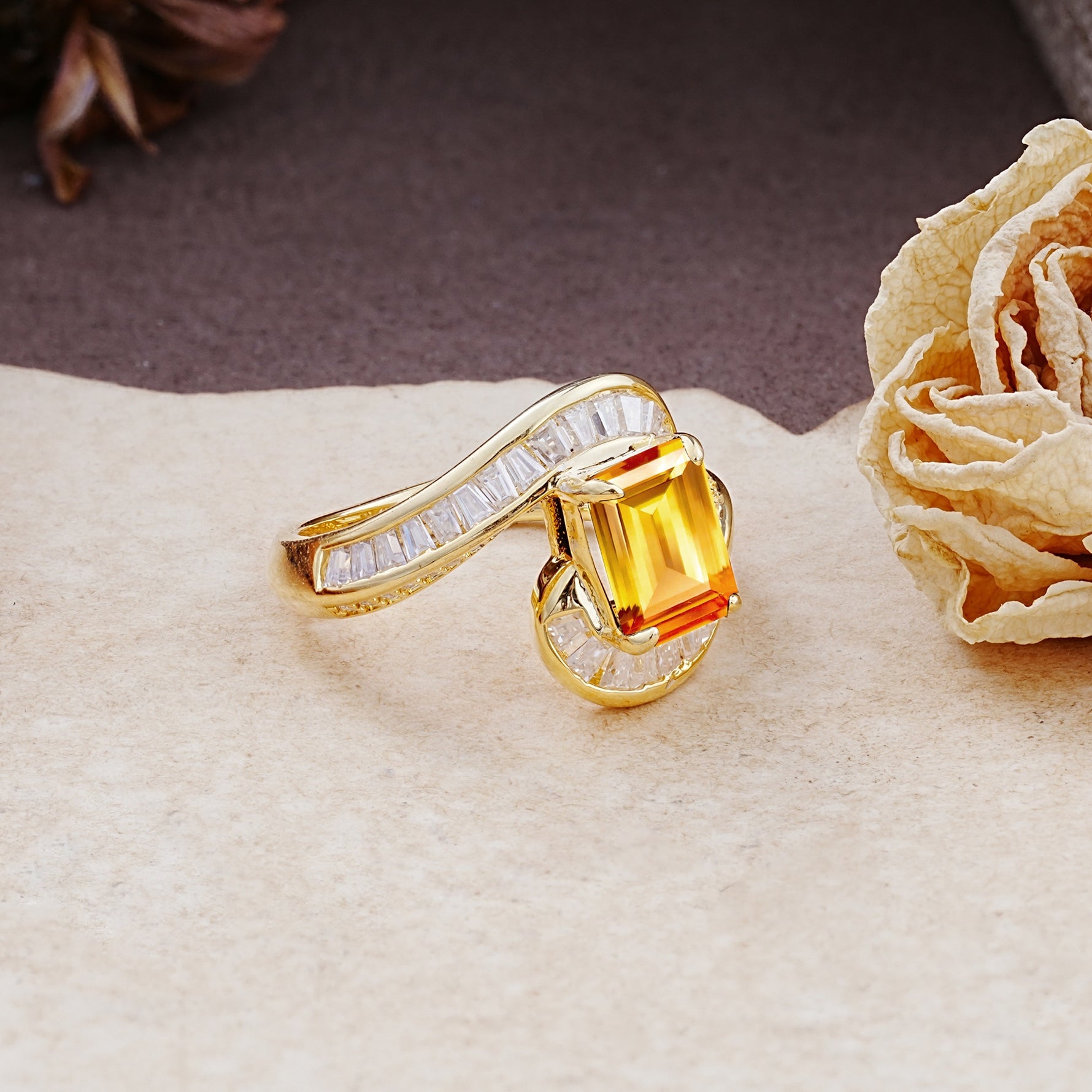 Unique Luxurious Twisted 4-Prong Emerald Cut Citrine Engagement Ring - Additional view