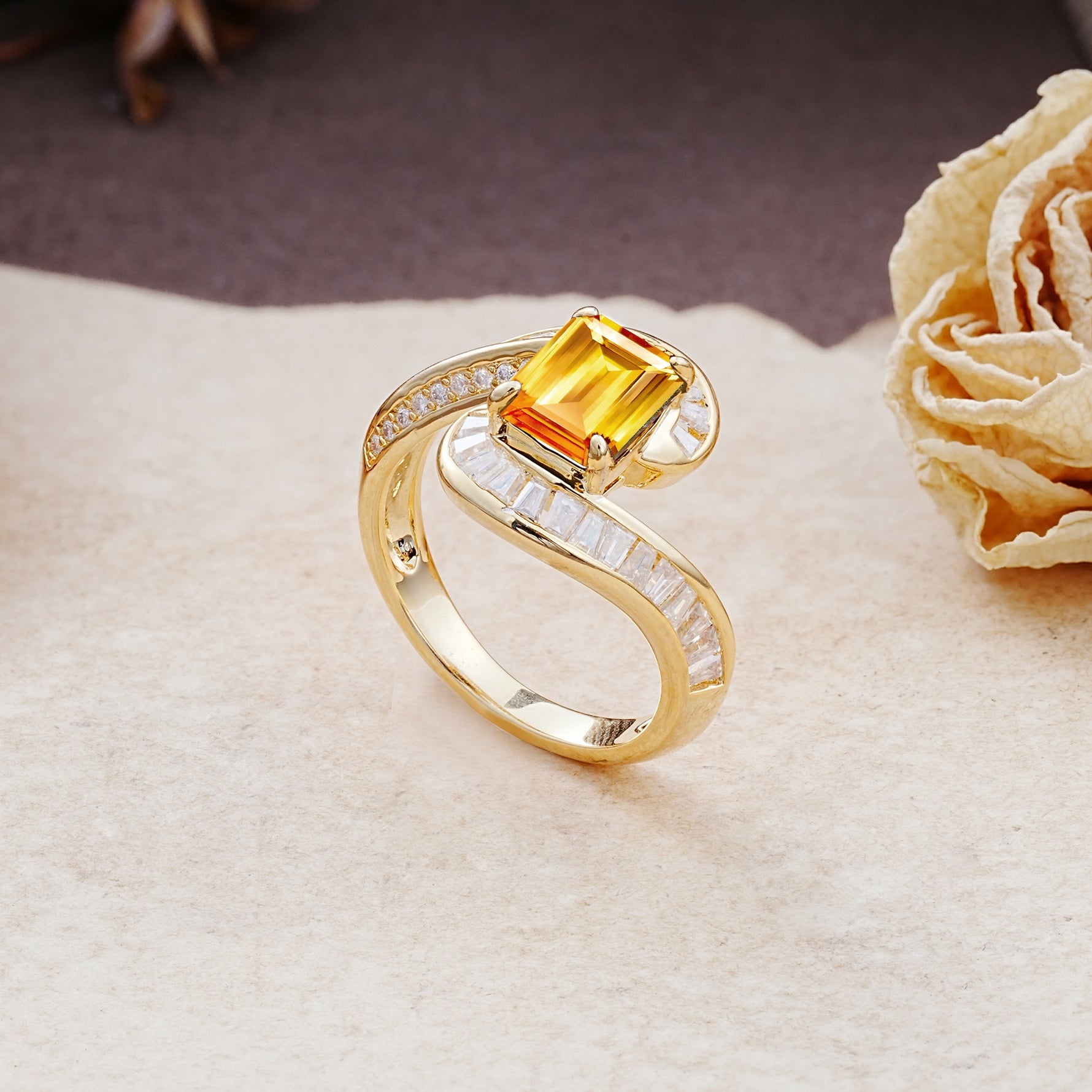 Unique Luxurious Twisted 4-Prong Emerald Cut Citrine Engagement Ring - Additional view