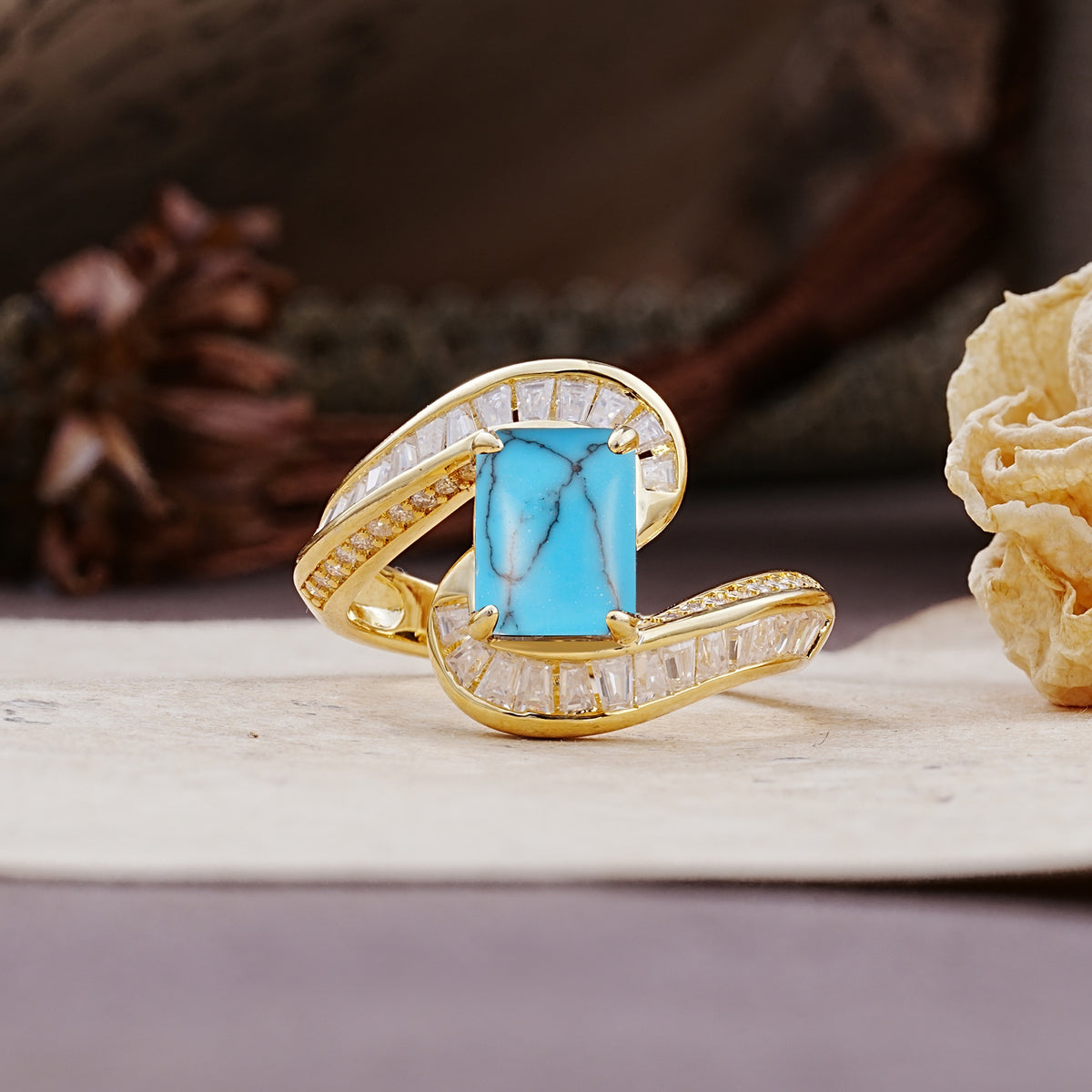 Unique Luxurious Twisted 4-Prong Emerald Cut Turquoise Engagement Ring - Additional view
