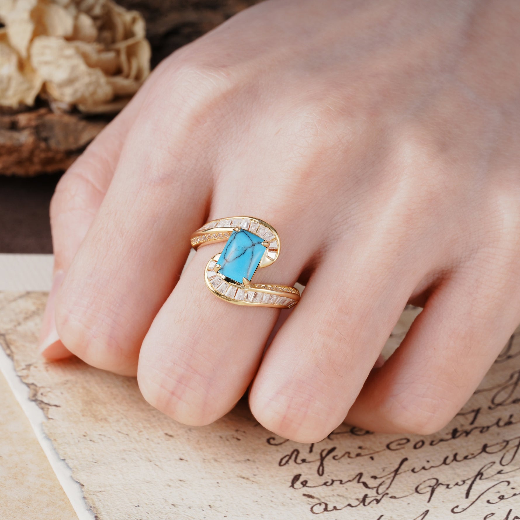 Unique Luxurious Twisted 4-Prong Emerald Cut Turquoise Engagement Ring - Additional view