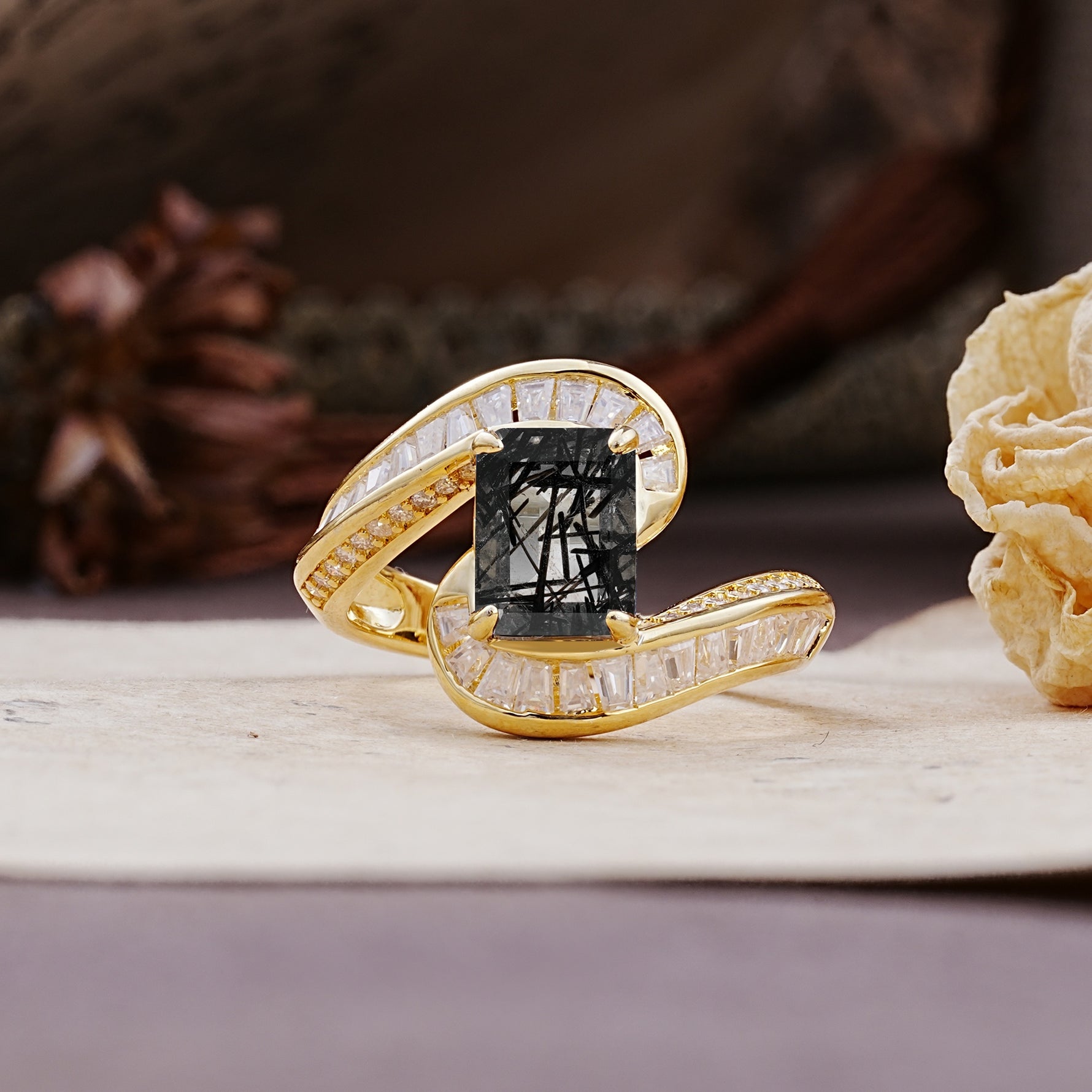 Unique Luxurious Twisted 4-Prong Emerald Cut Black Rutilated Quartz Engagement Ring - Additional view