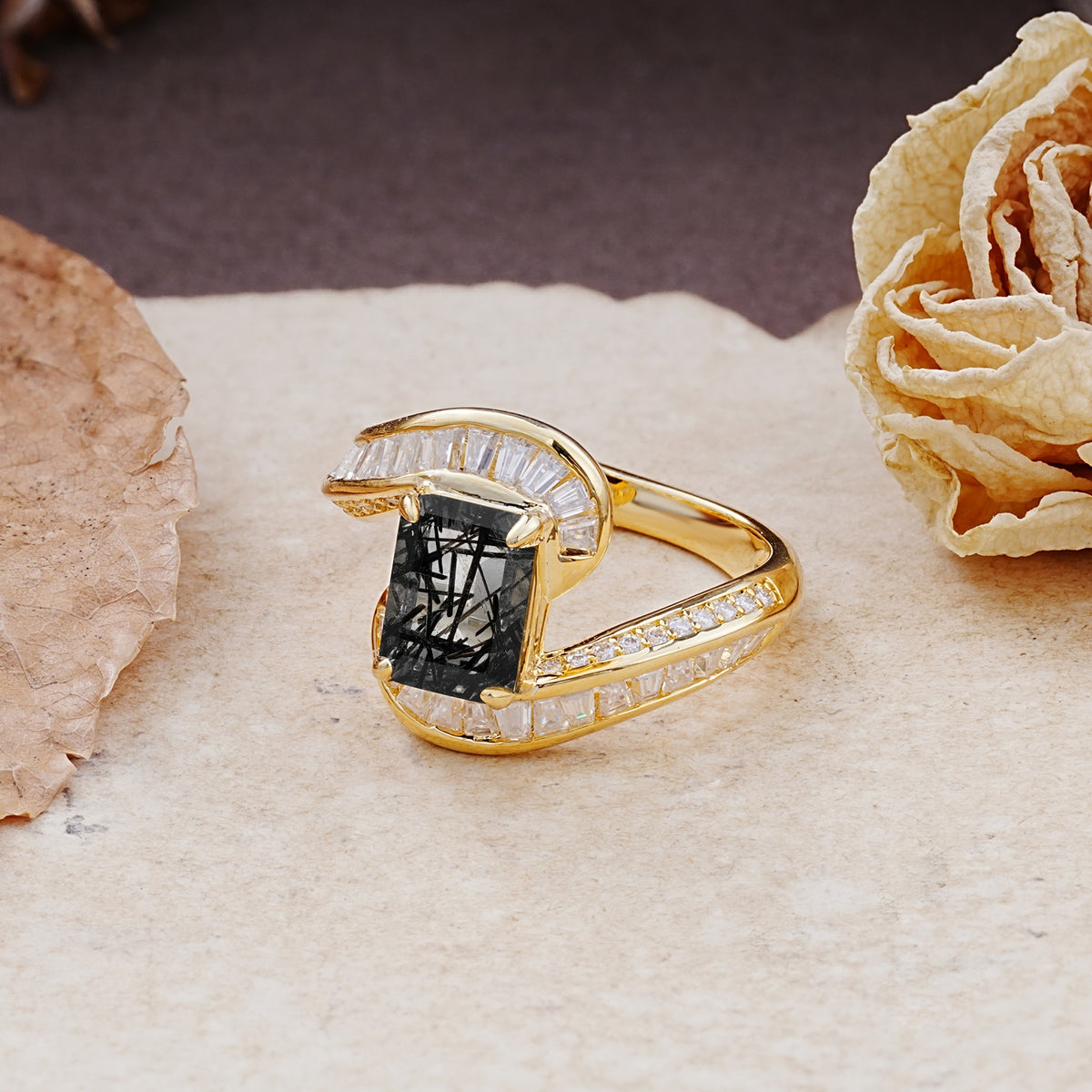Unique Luxurious Twisted 4-Prong Emerald Cut Black Rutilated Quartz Engagement Ring - Additional view