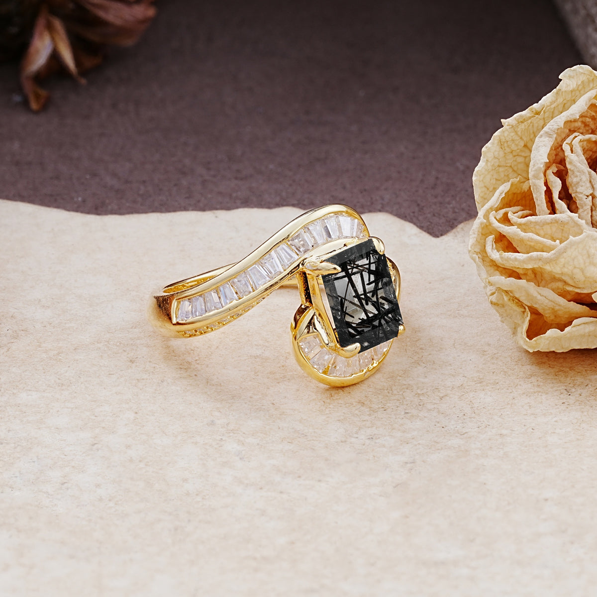 Unique Luxurious Twisted 4-Prong Emerald Cut Black Rutilated Quartz Engagement Ring - Additional view