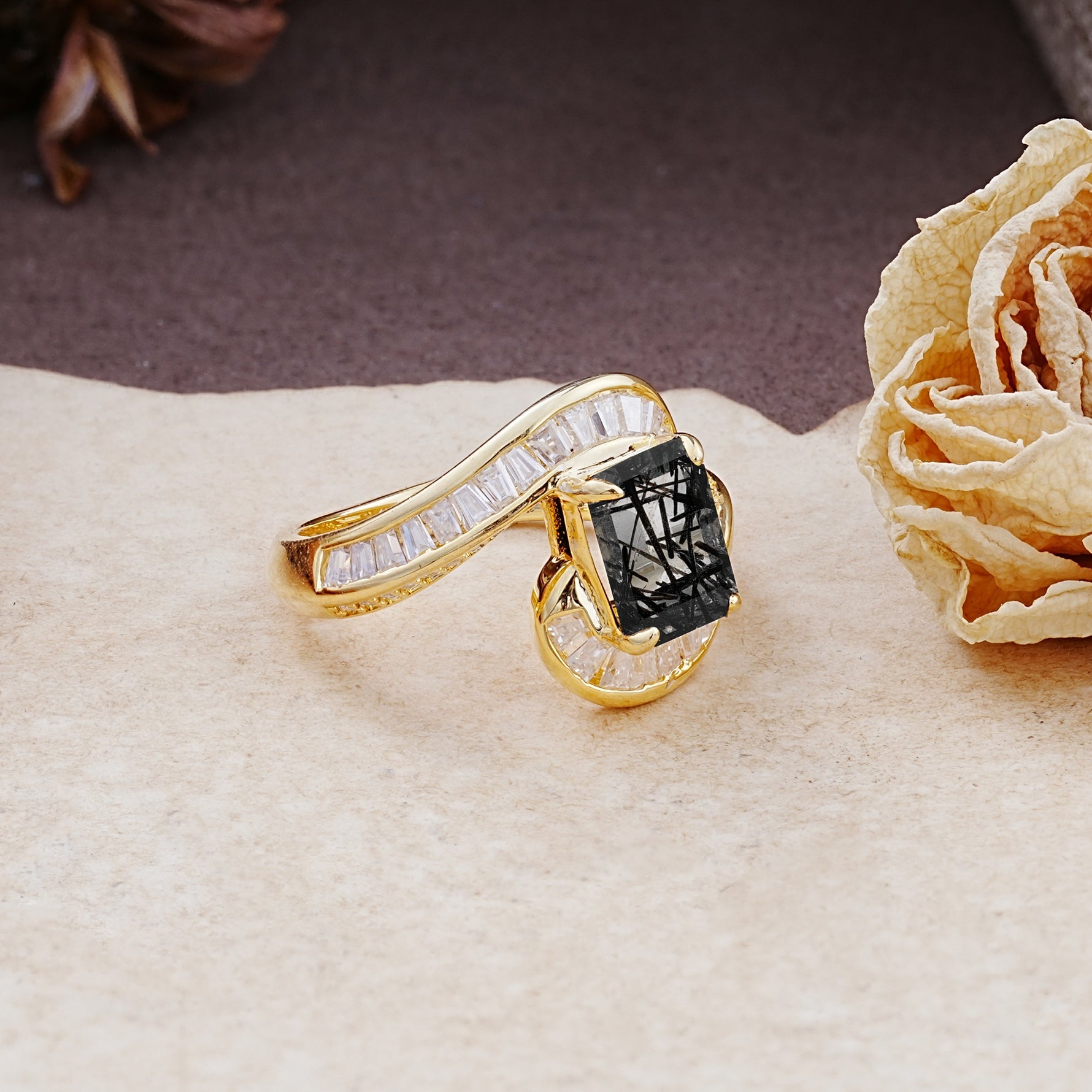 Unique Luxurious Twisted 4-Prong Emerald Cut Black Rutilated Quartz Engagement Ring - Additional view