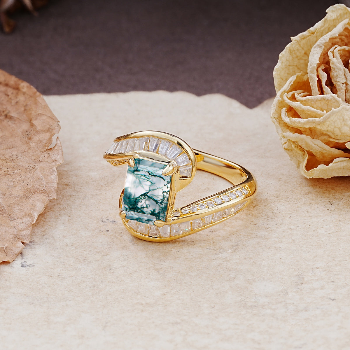 Unique Luxurious Twisted 4-Prong Emerald Cut Moss Agate Engagement Ring - Additional view
