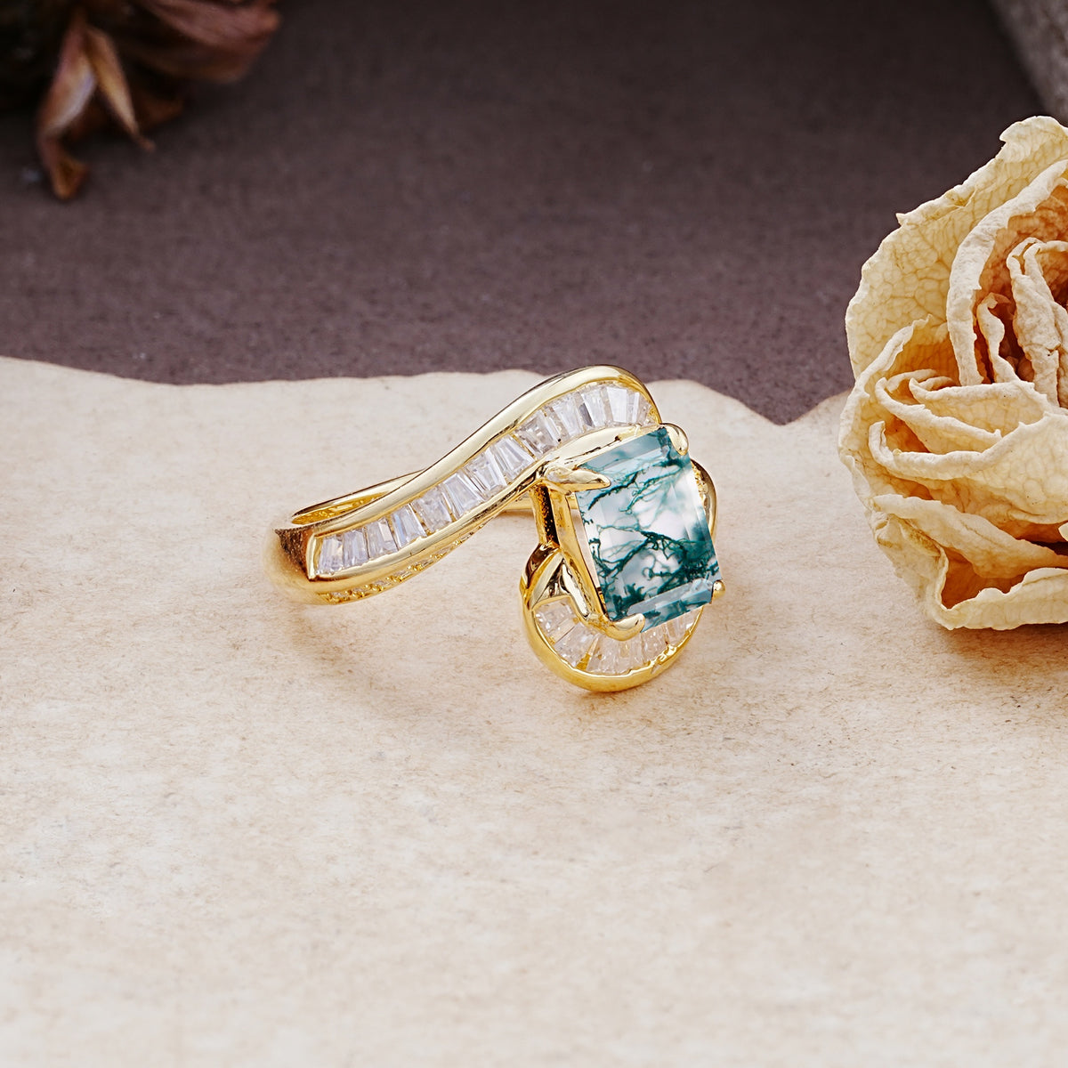 Unique Luxurious Twisted 4-Prong Emerald Cut Moss Agate Engagement Ring - Additional view