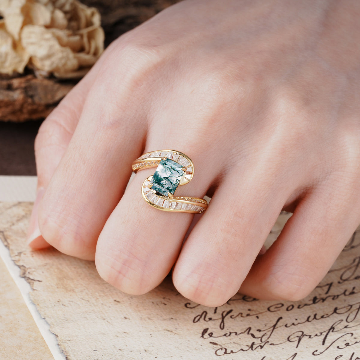 Unique Luxurious Twisted 4-Prong Emerald Cut Moss Agate Engagement Ring - Additional view