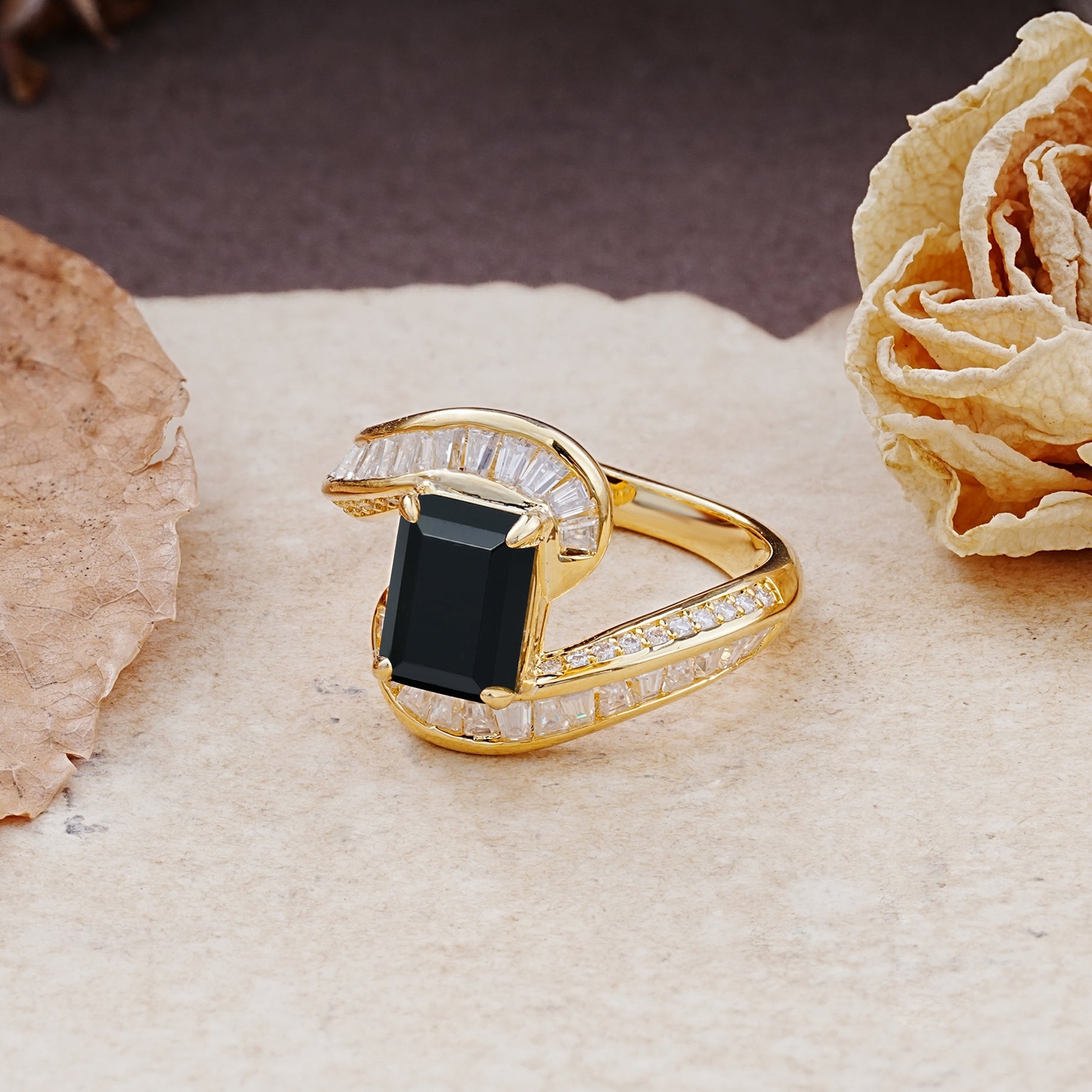 Unique Luxurious Twisted 4-Prong Emerald Cut Black Onyx Engagement Ring - Additional view