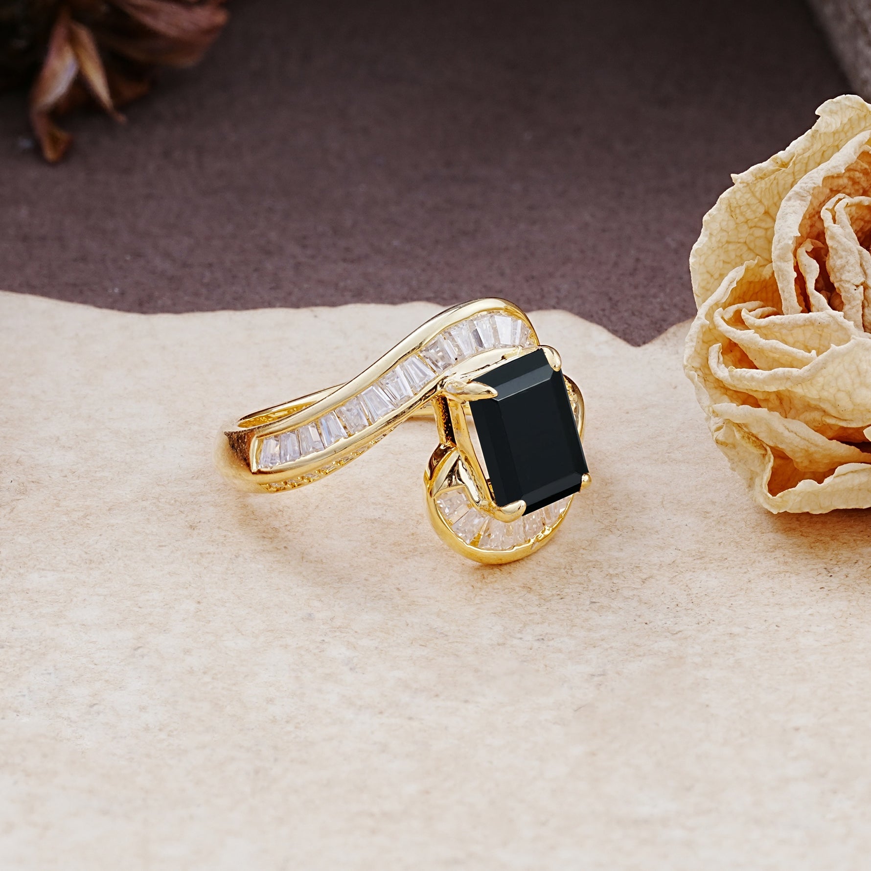 Unique Luxurious Twisted 4-Prong Emerald Cut Black Onyx Engagement Ring - Additional view