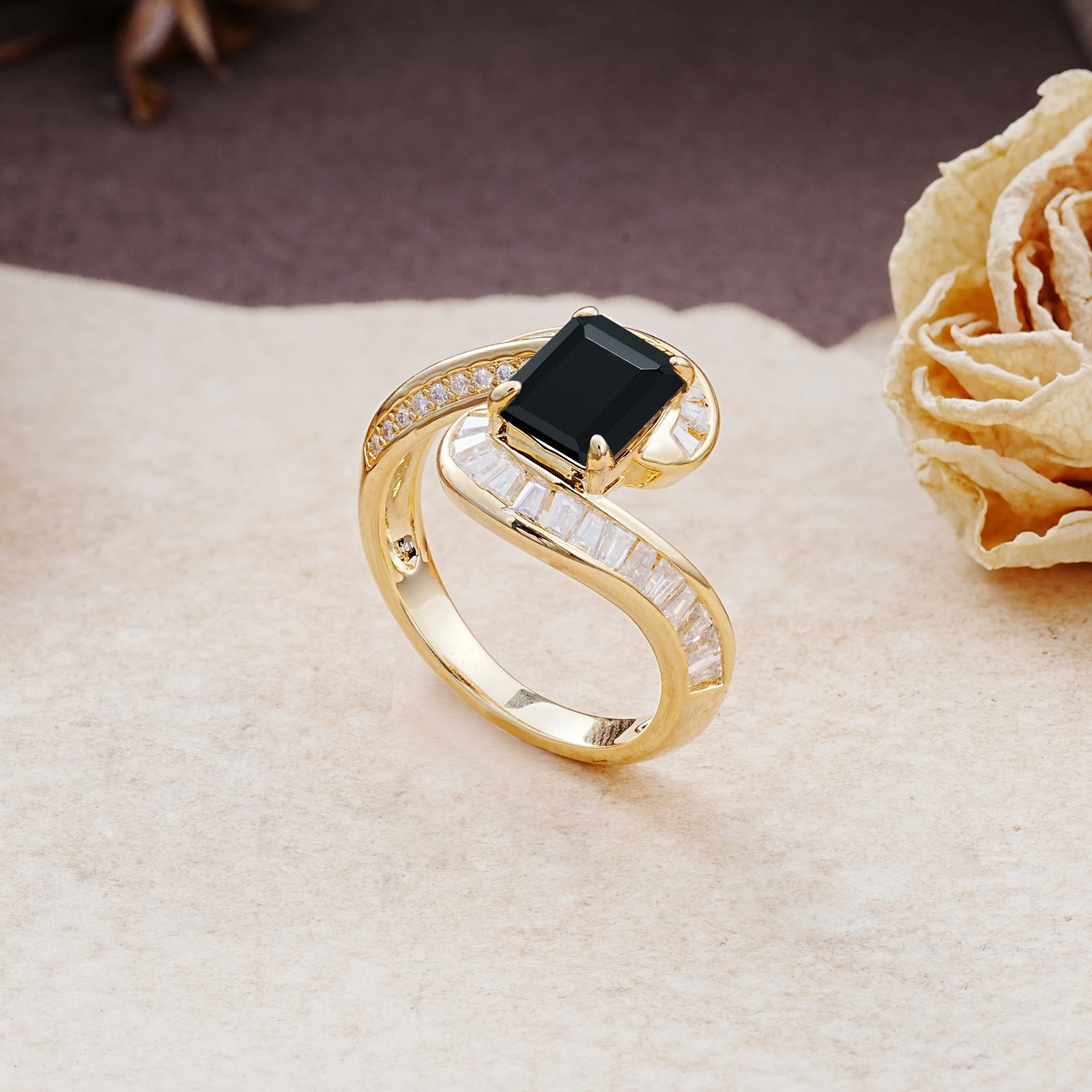 Unique Luxurious Twisted 4-Prong Emerald Cut Black Onyx Engagement Ring - Additional view