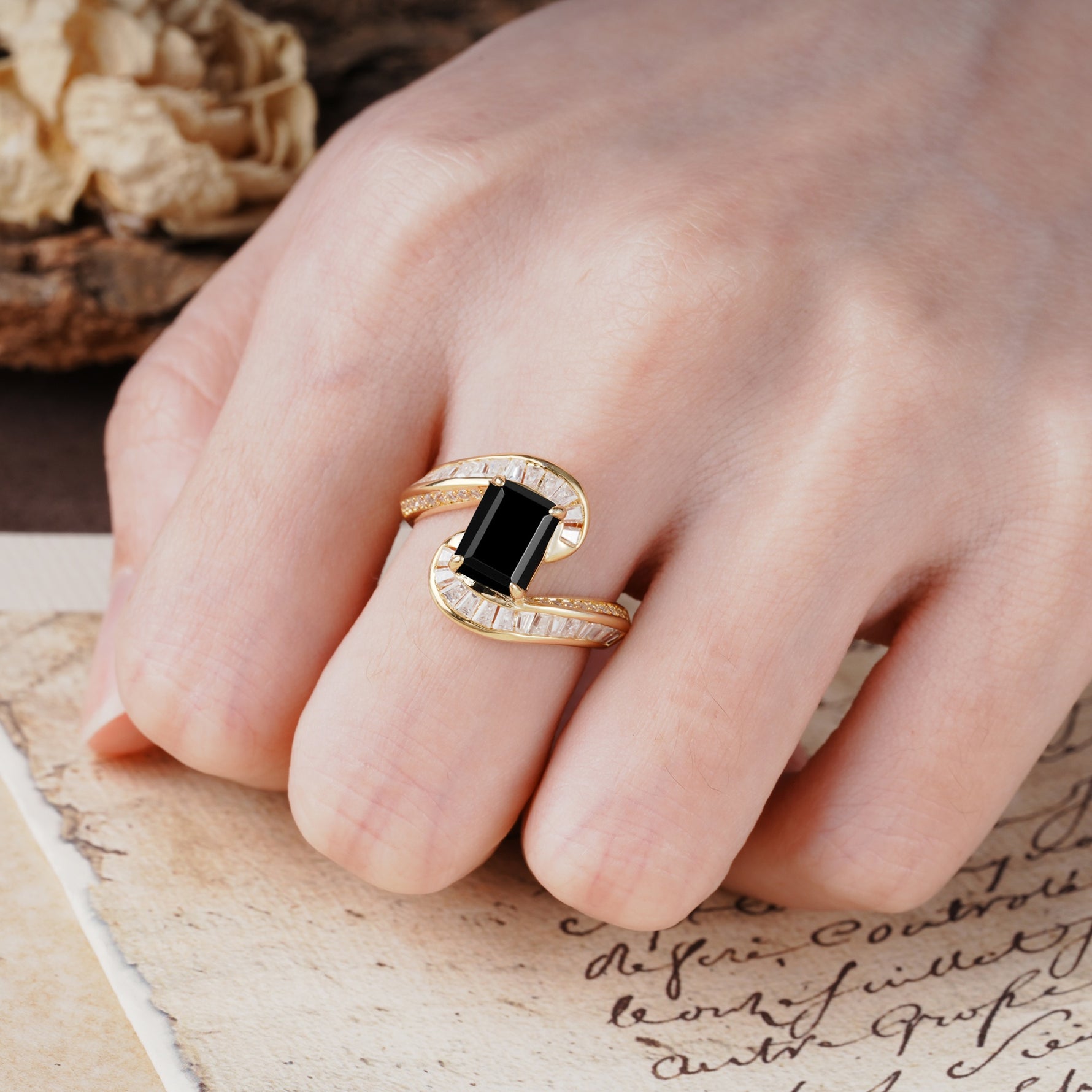Unique Luxurious Twisted 4-Prong Emerald Cut Black Onyx Engagement Ring - Additional view