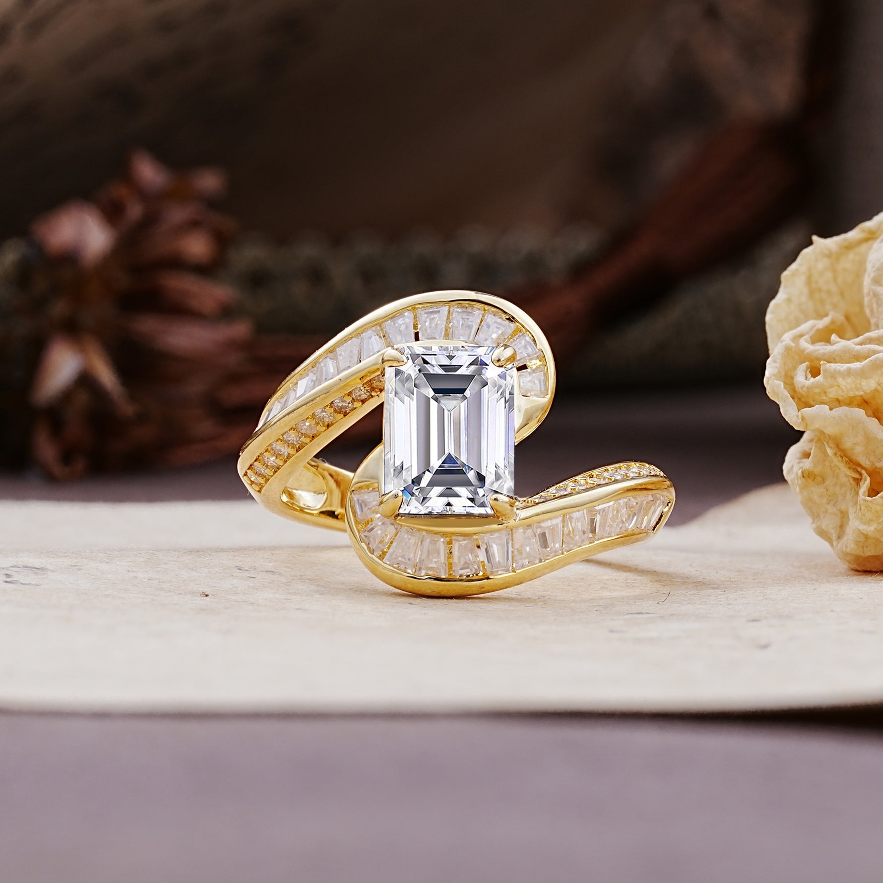 Unique Luxurious Twisted 4-Prong Emerald Cut Lab Diamond Engagement Ring - Additional view