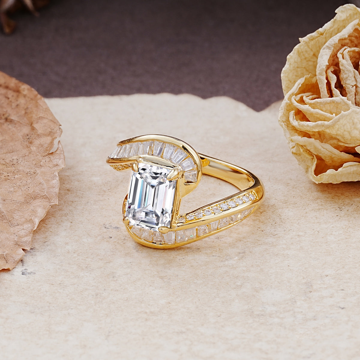 Unique Luxurious Twisted 4-Prong Emerald Cut Lab Diamond Engagement Ring - Additional view