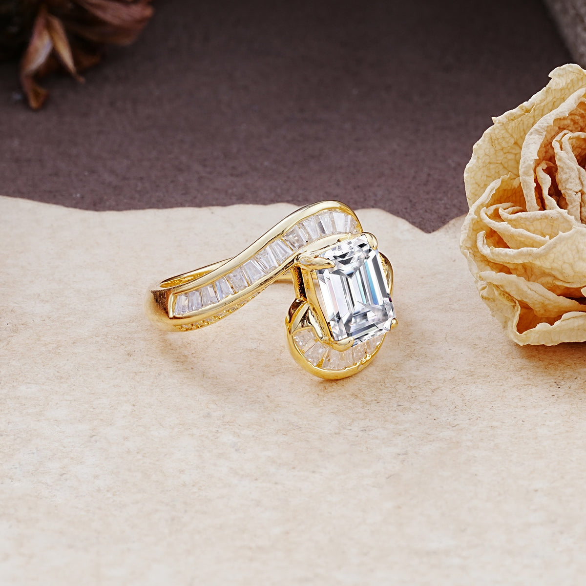 Unique Luxurious Twisted 4-Prong Emerald Cut Lab Diamond Engagement Ring - Additional view