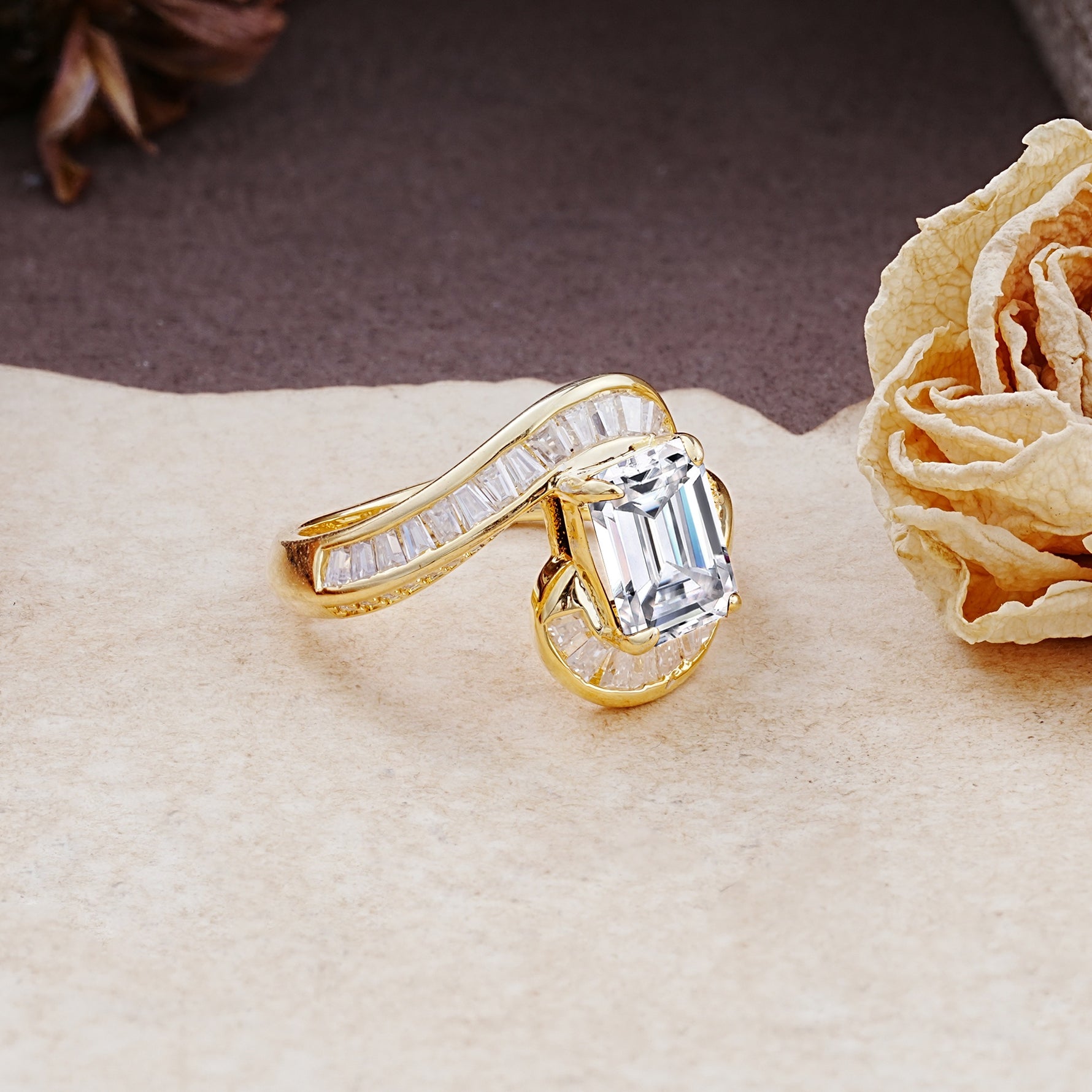 Unique Luxurious Twisted 4-Prong Emerald Cut Lab Diamond Engagement Ring - Additional view