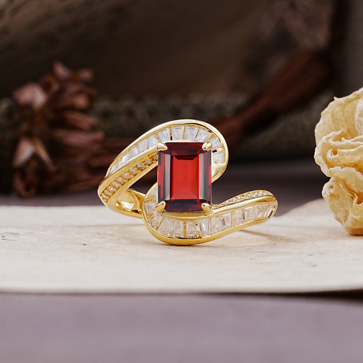 Unique Luxurious Twisted 4-Prong Emerald Cut Garnet Engagement Ring - Additional view